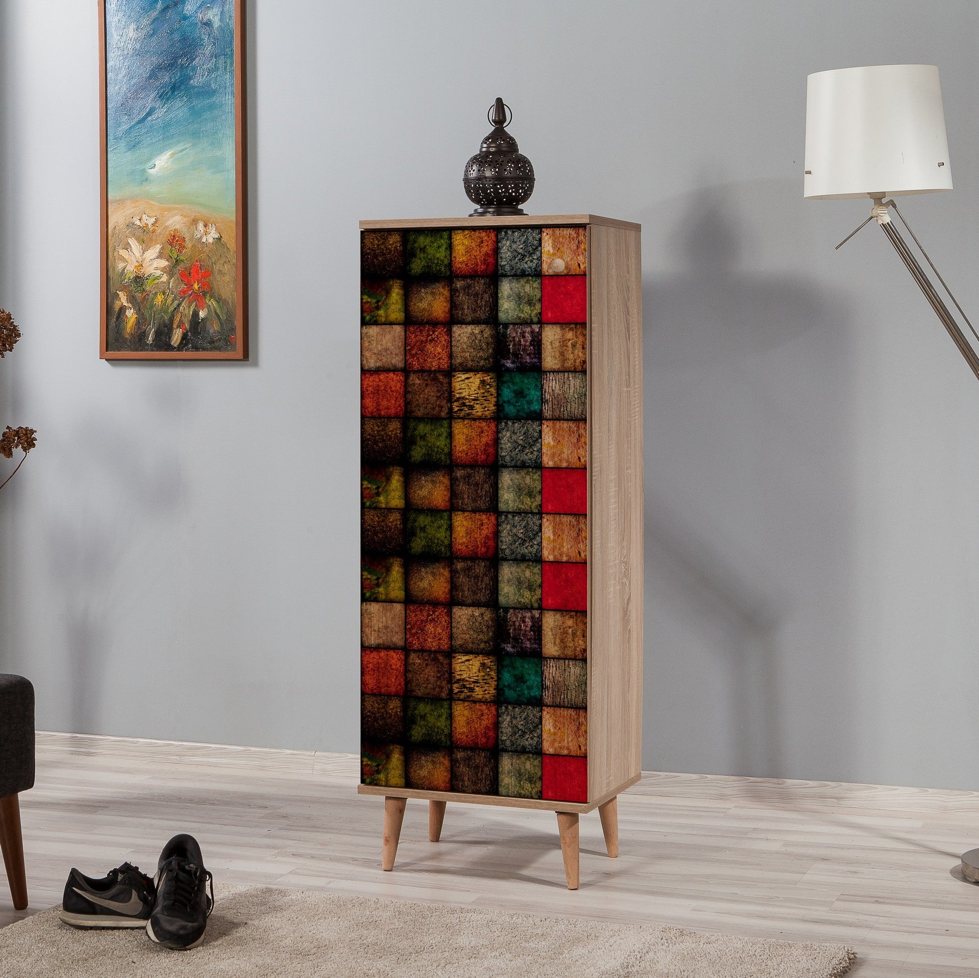 Meuble à chaussure bois clair et multicolore