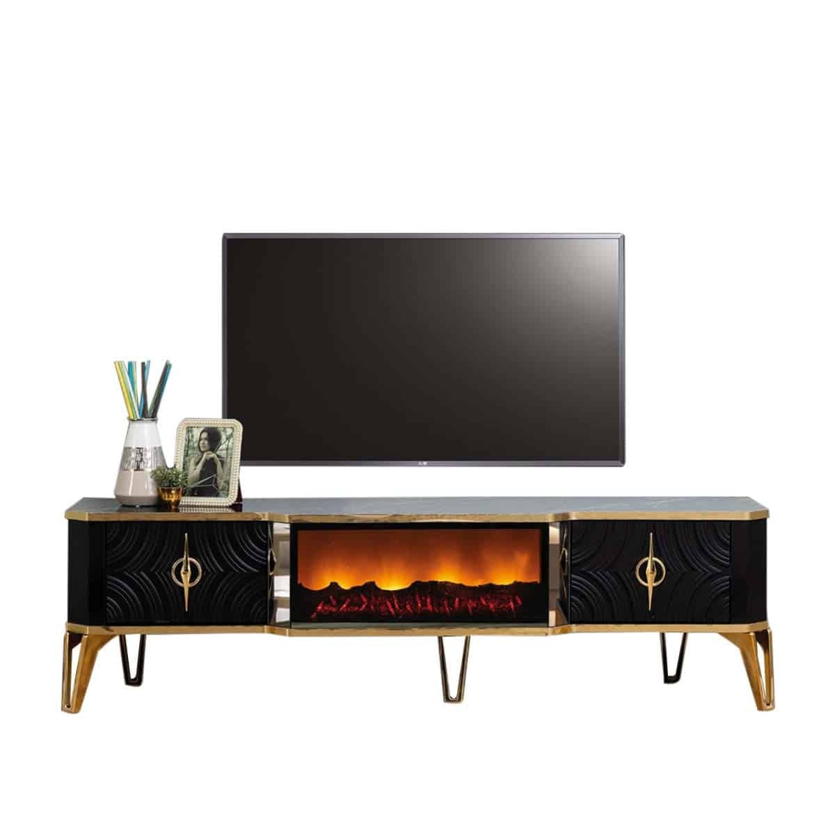 Viyana Meuble TV Avec Cheminée Noir Doré