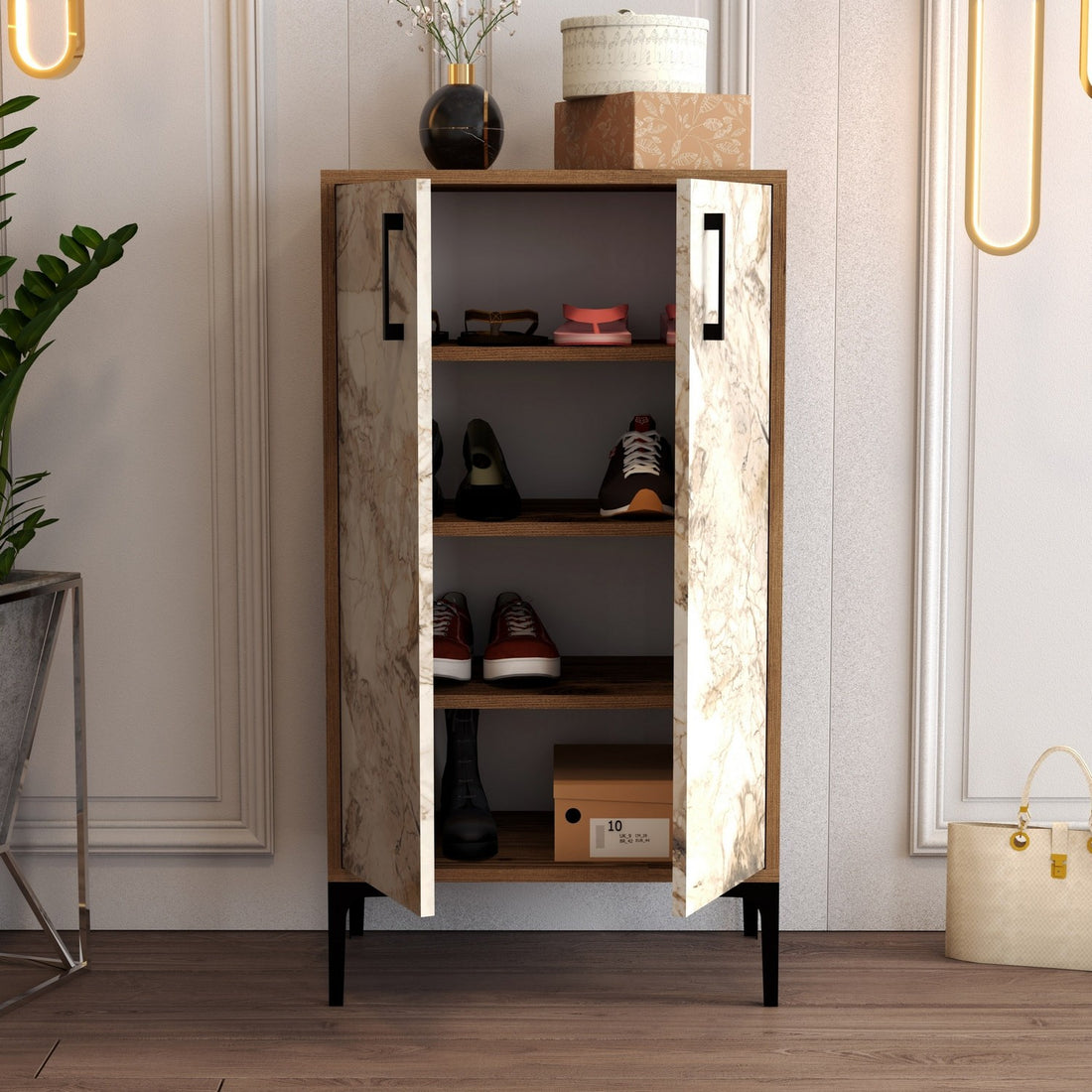 Meuble à chaussures Prag - Walnut, White Marble