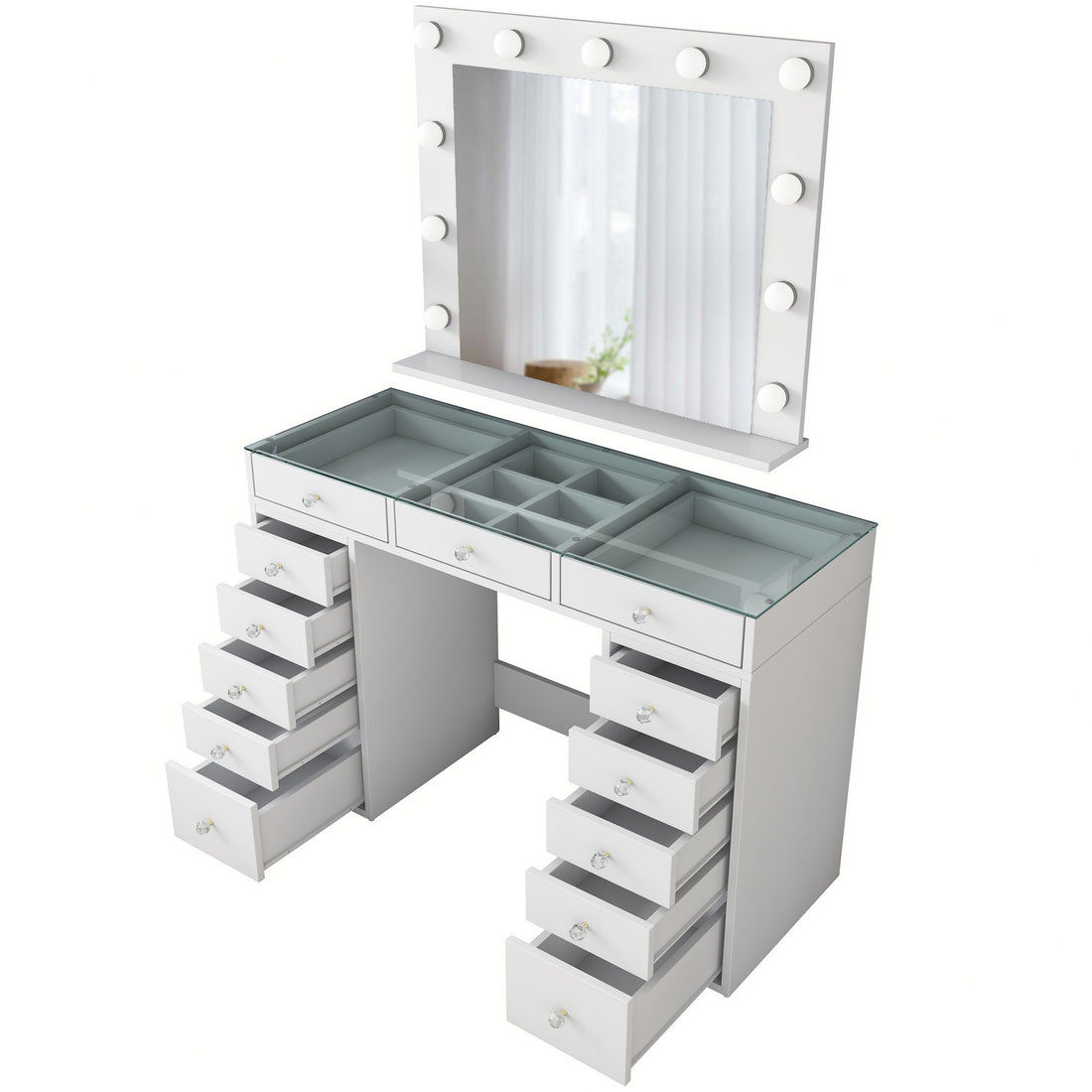Coiffeuse moderne avec miroir LED et dessus Transparent Beline L120cm Blanc