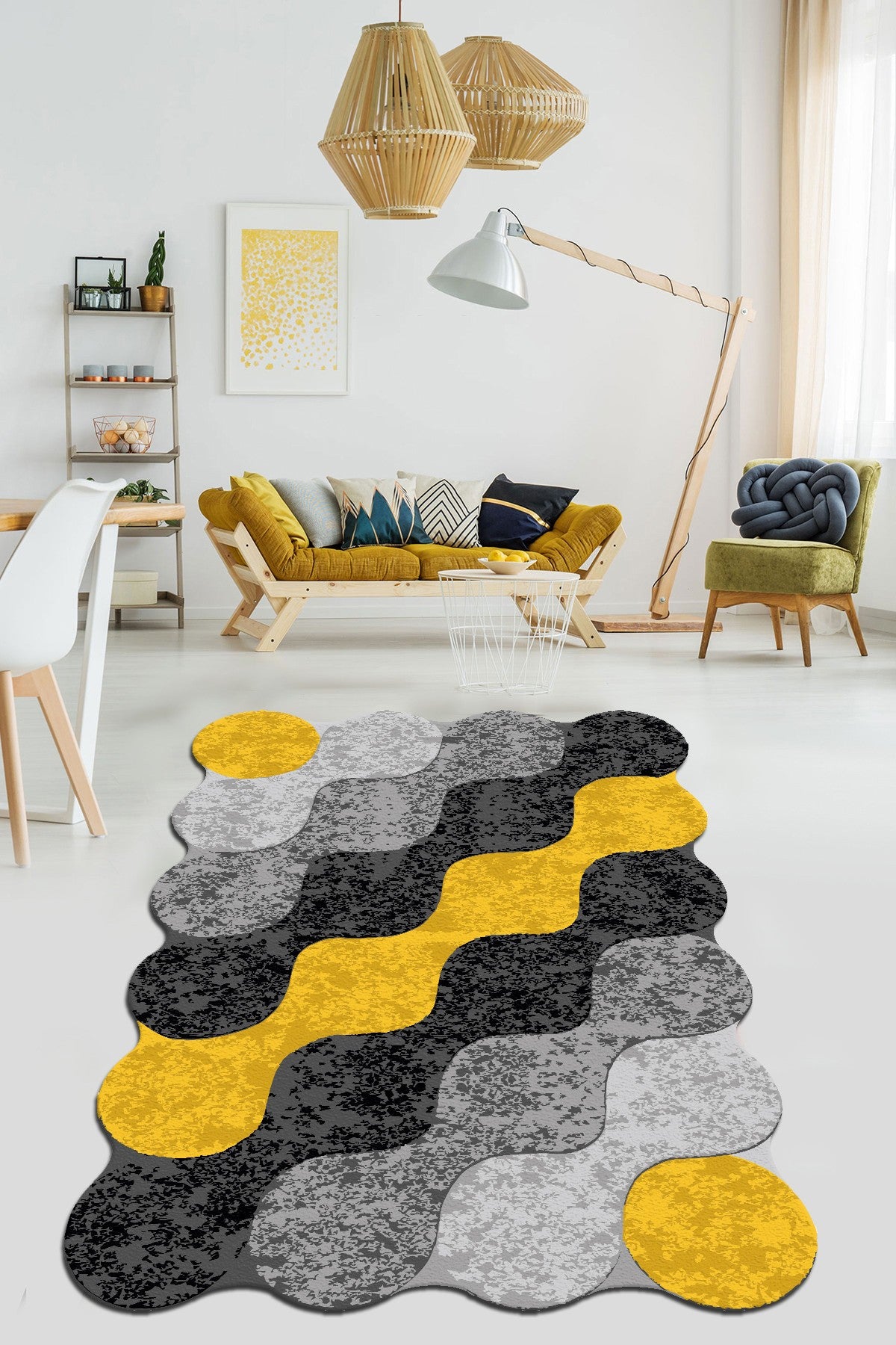 Tapis (120 x 180) Velours Motif Cercles combinés Jaune, Noir et Gris
