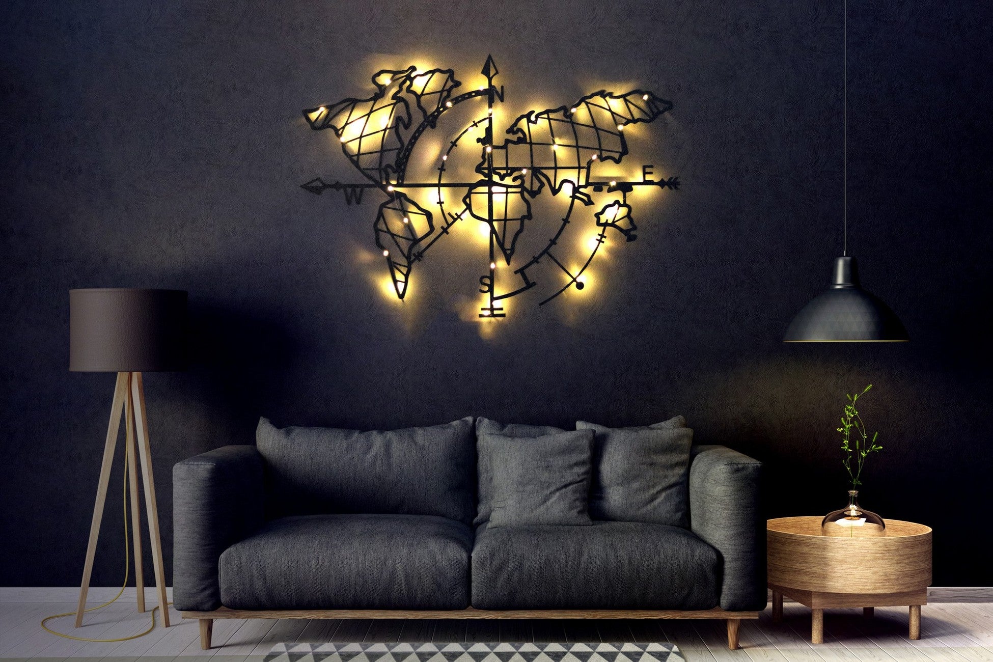 Accessoire mural en métal décoratif World Map Compass Led - Black