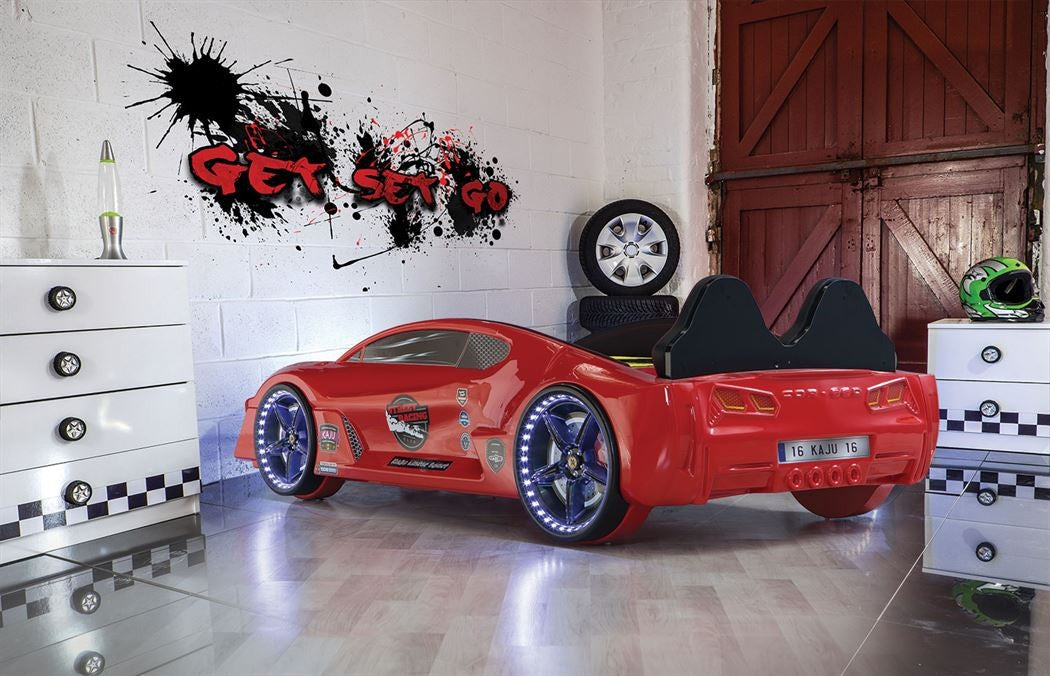 LIT ENFANT VOITURE ROUGE OU BLANCHE EFFETS SONORES ET LED - MoonFull
