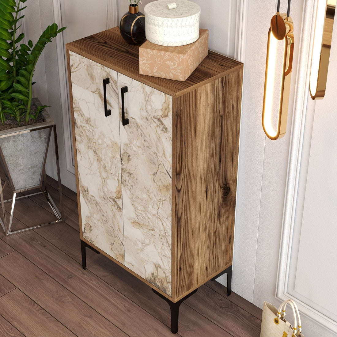 Meuble à chaussures Prag - Walnut, White Marble