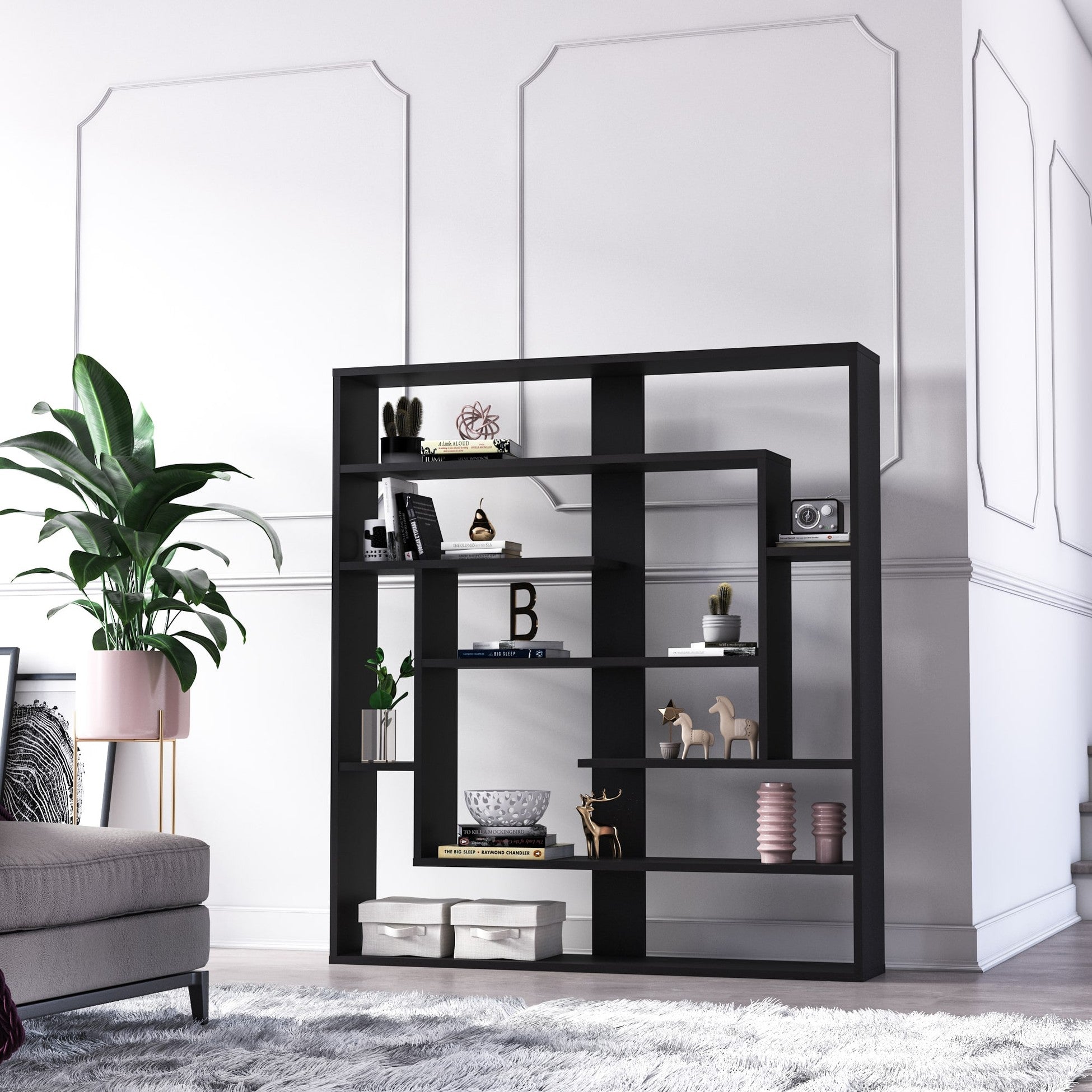 Bibliothèque noir Sebestian | Séparateur de pièce