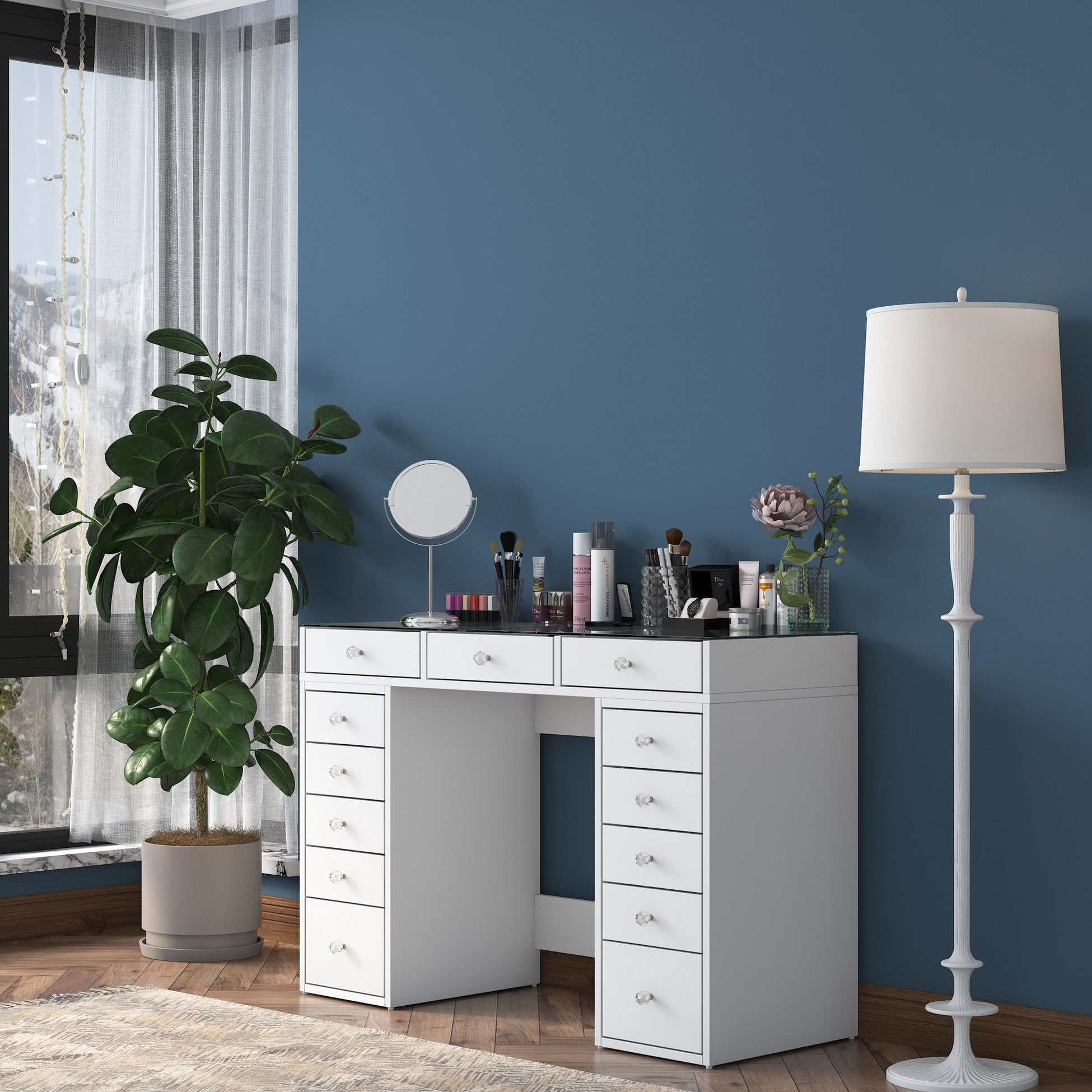 Coiffeuse moderne avec dessus Transparent Beline L120cm Blanc