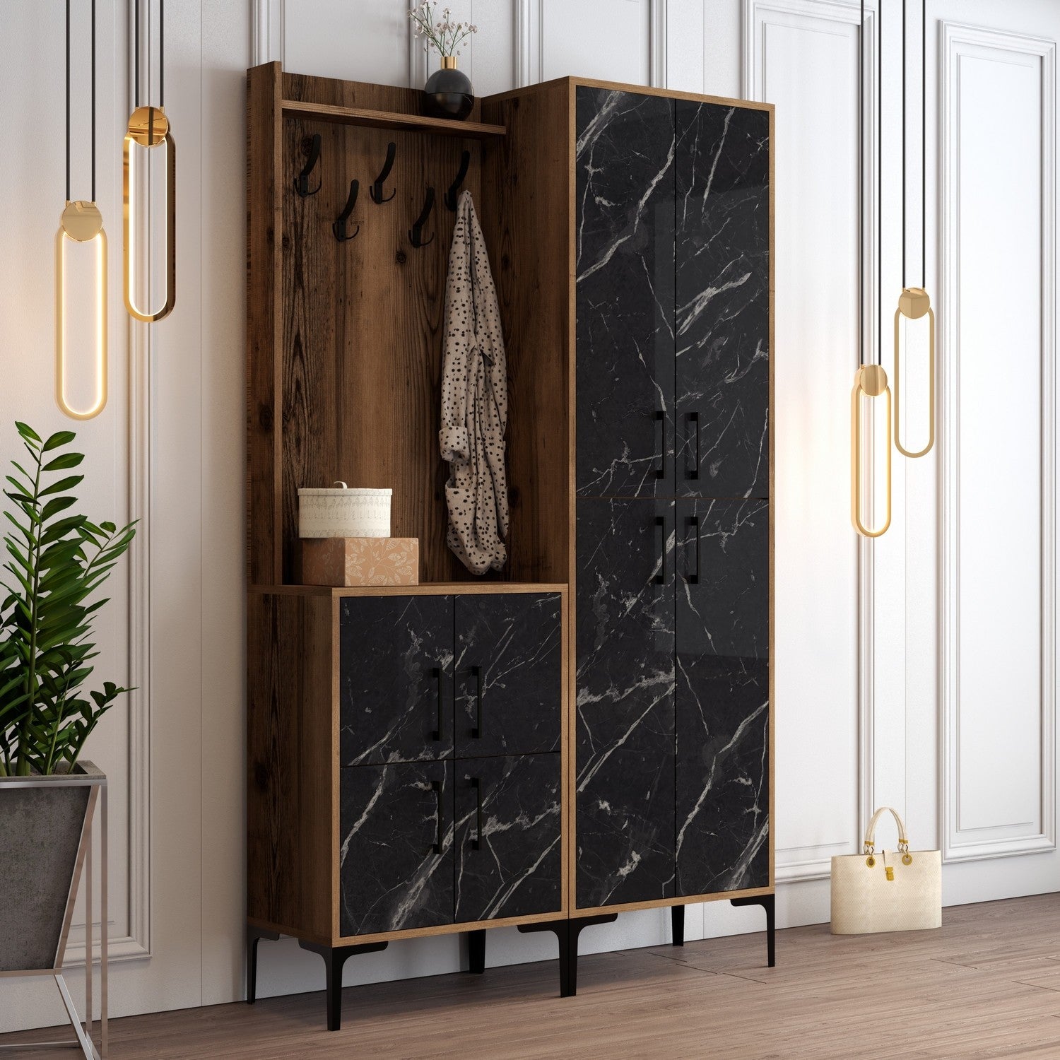 Stand Berlin BA - Walnut, Black Marble