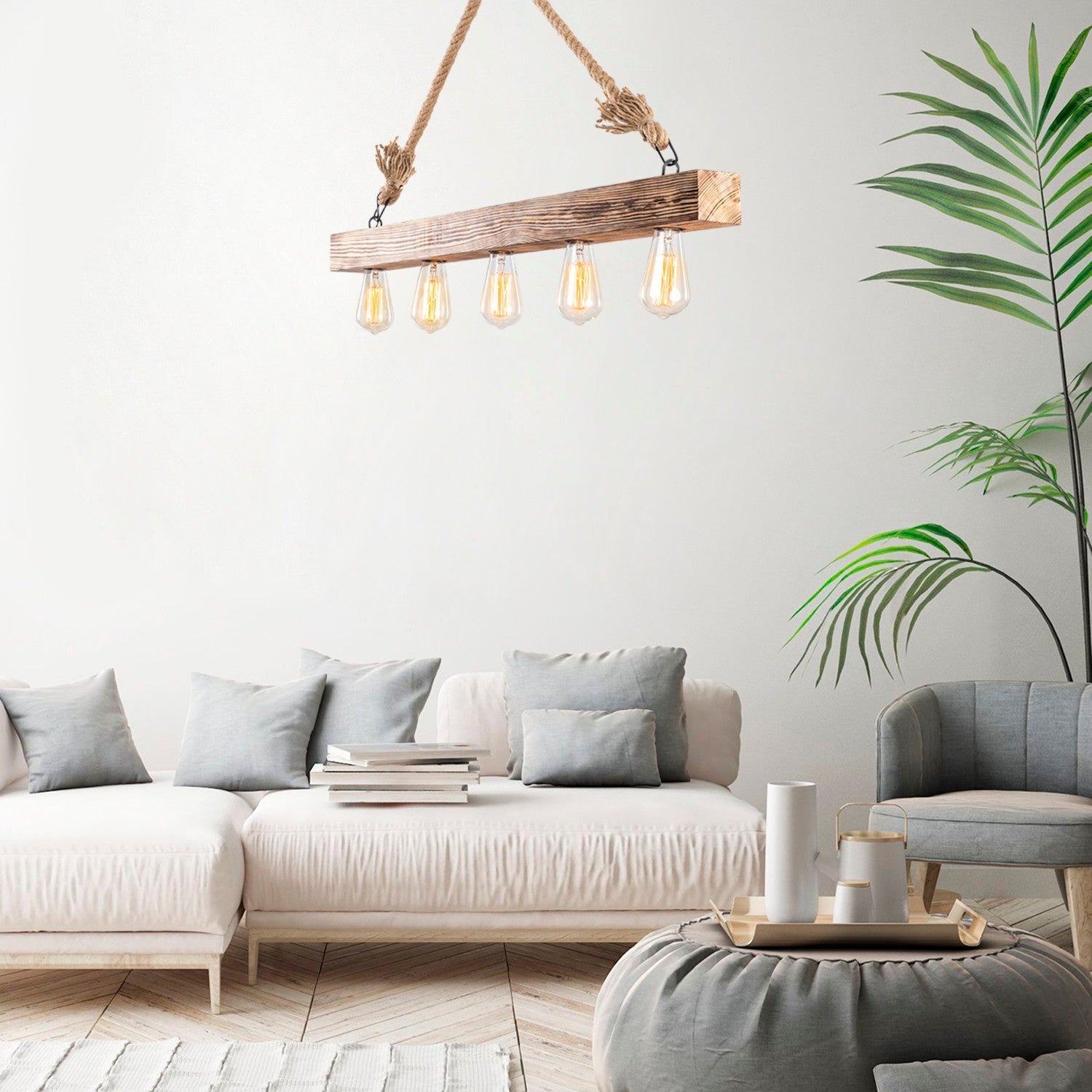 Suspension 4 lampes alignées Jazmi 100cm Bois claire et Corde Beige