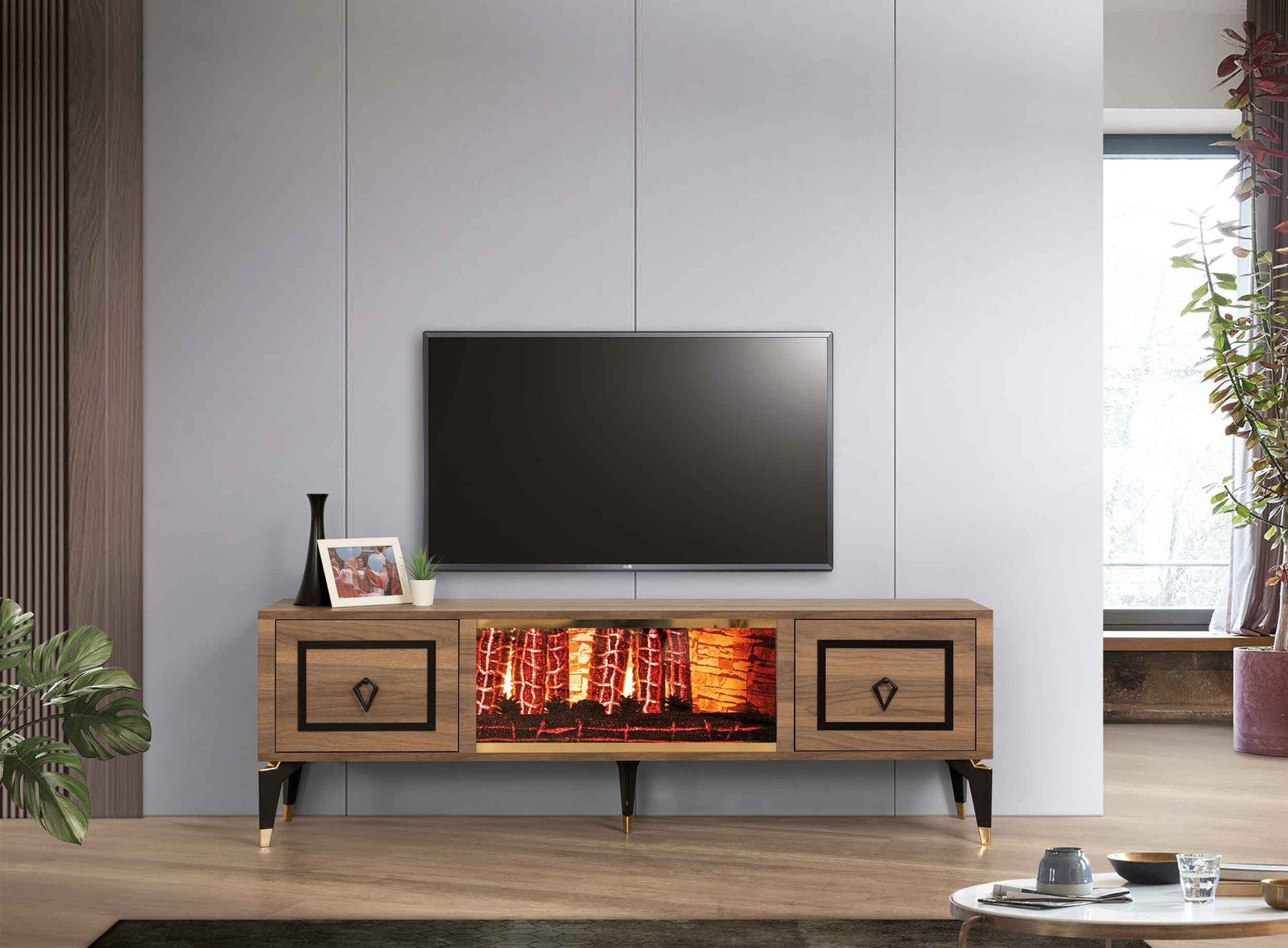 Milano Meuble TV Avec Cheminée Noyer Noir