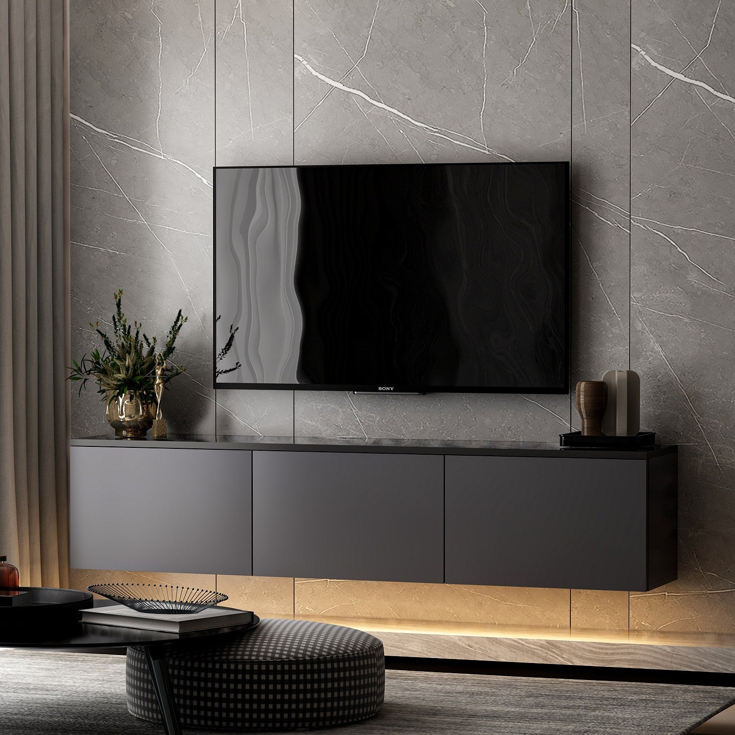 Meuble TV suspendu Ruxta L160cm Anthracite et Noir effet marbre