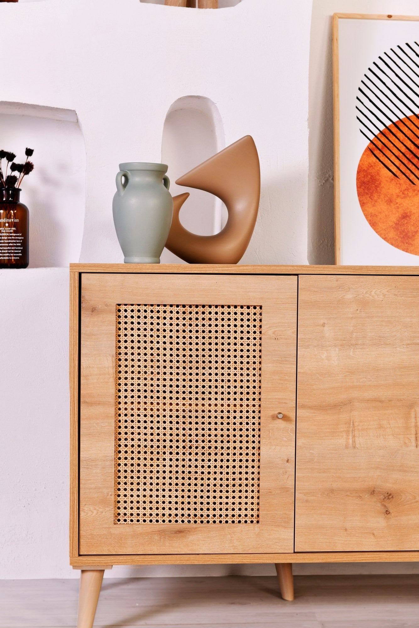 Buffet bas 4 portes avec cannage Lodim L180cm Chêne clair