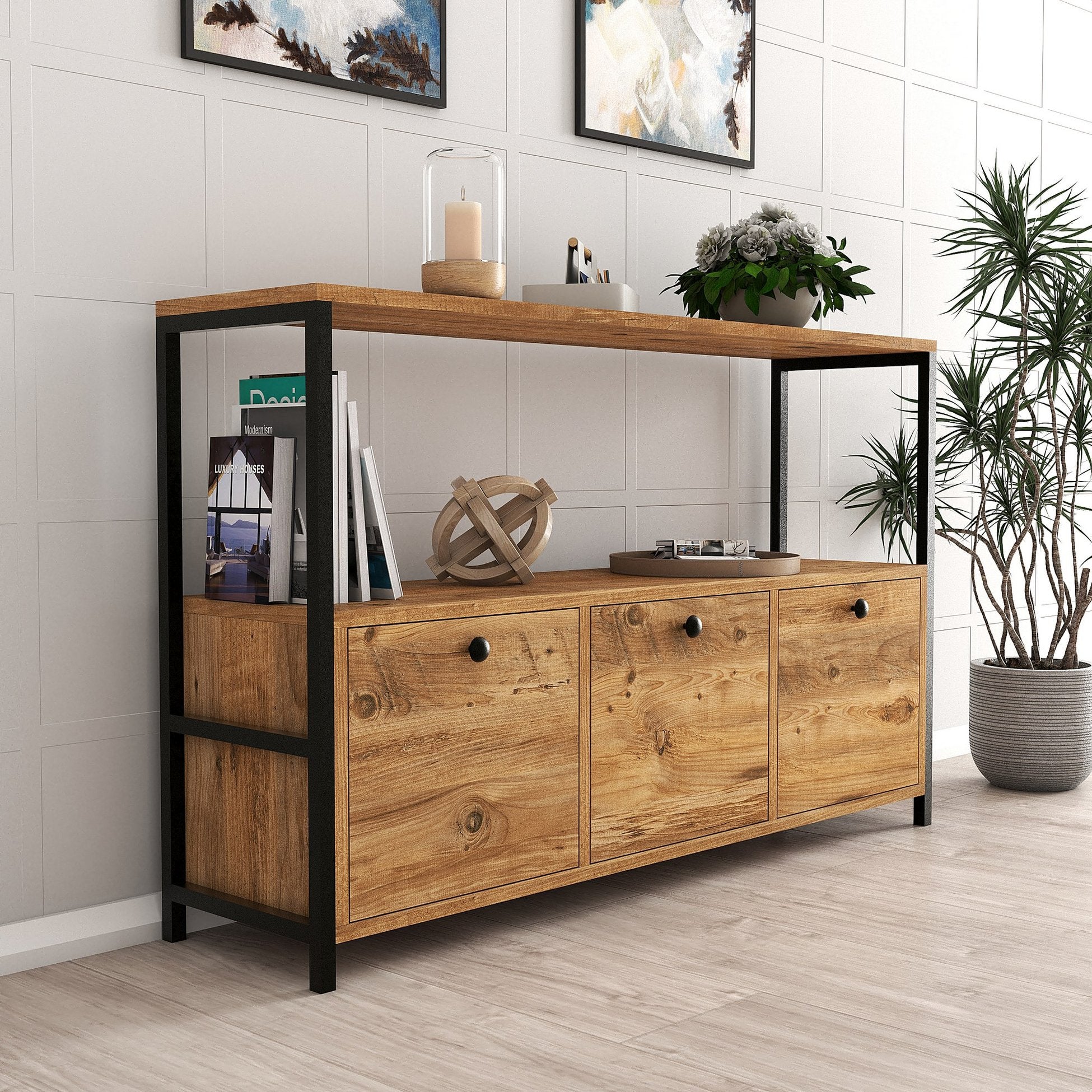 Buffet haut style industriel Halzo L120xH100cm Bois clair et Métal Noir