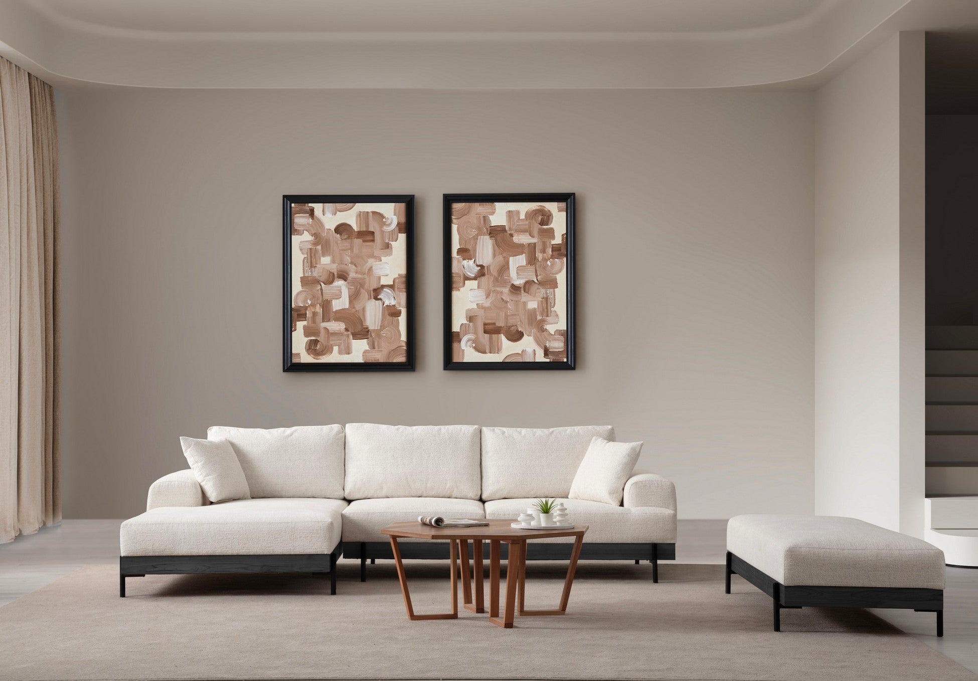 Canapé d'angle à droite kamily Bois Noir et Tissu bouclette Blanc