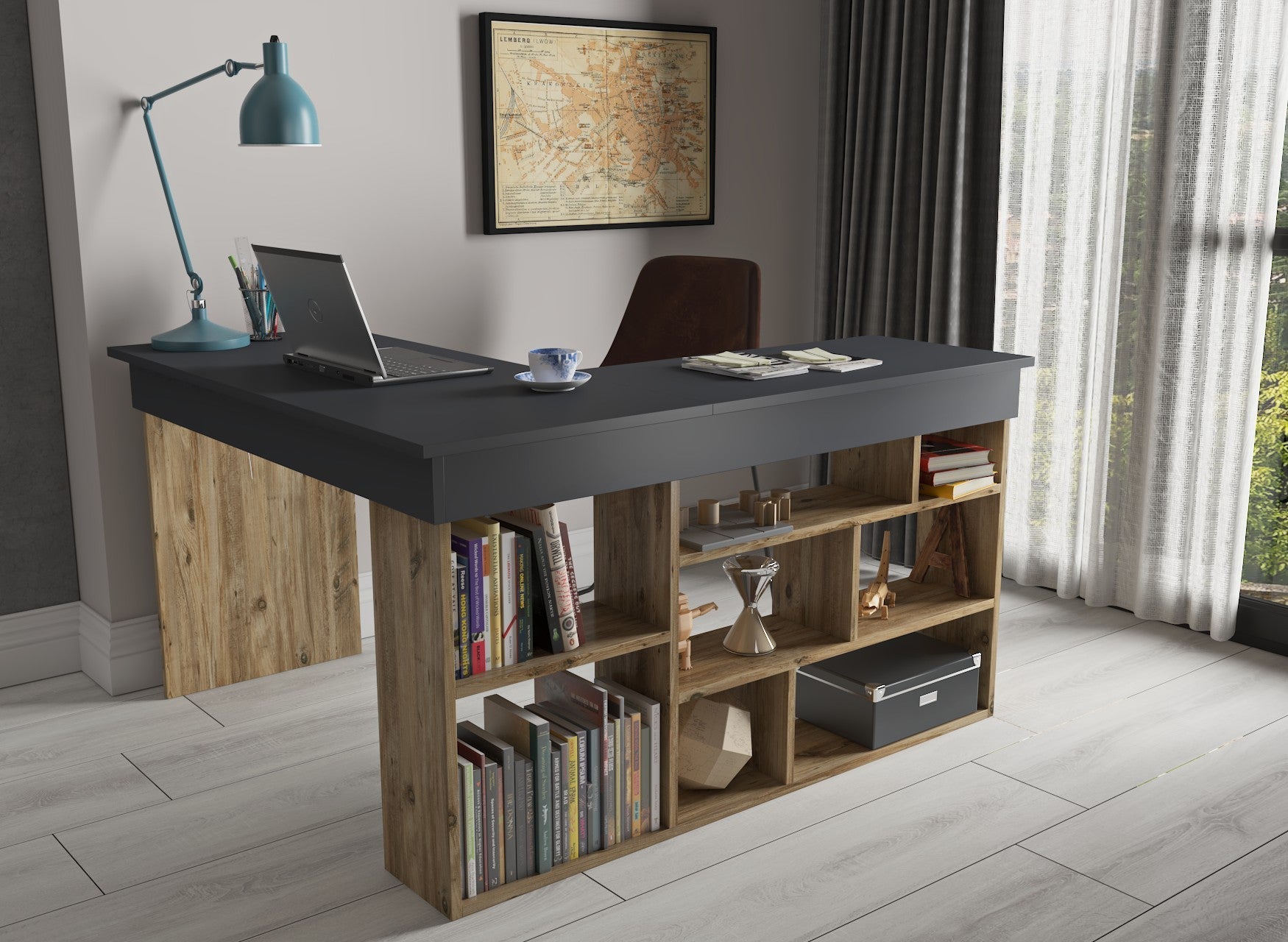Bureau d'angle avec rangement Koro Bois clair et Anthracite