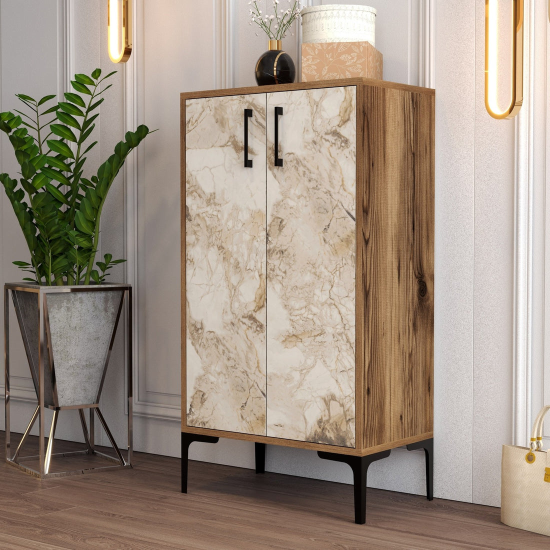 Meuble à chaussures Prag - Walnut, White Marble