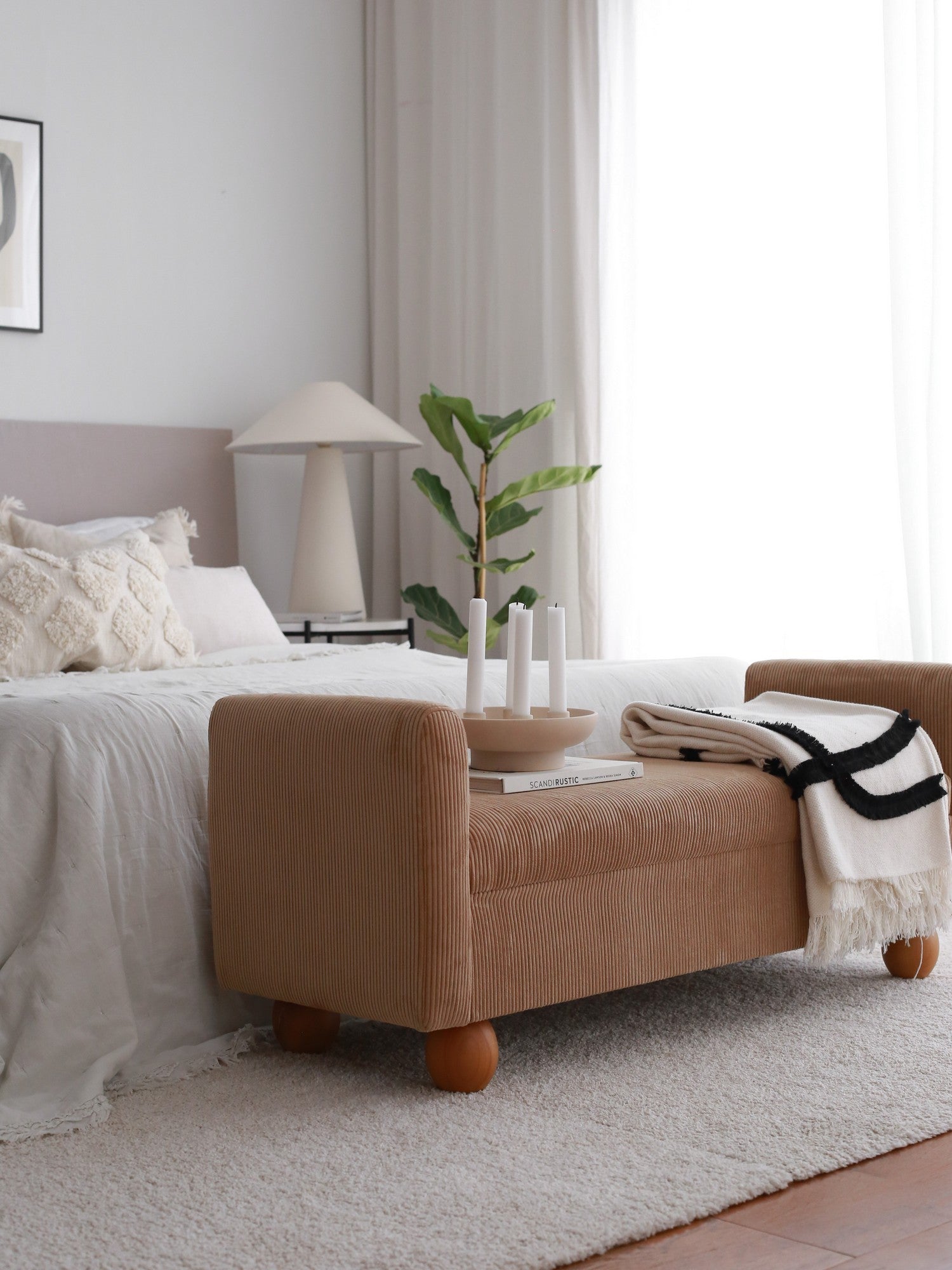 Banquette coffre Evar L115cm Velours côtelé Camel