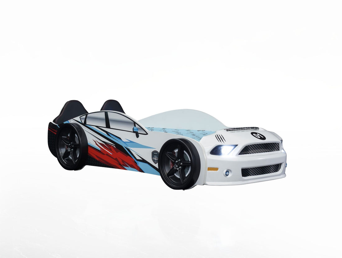 LIT VOITURE DE COURSE MUSTANG ROAD 66 ROUGE OU BLANC 90X190CM - Muscle