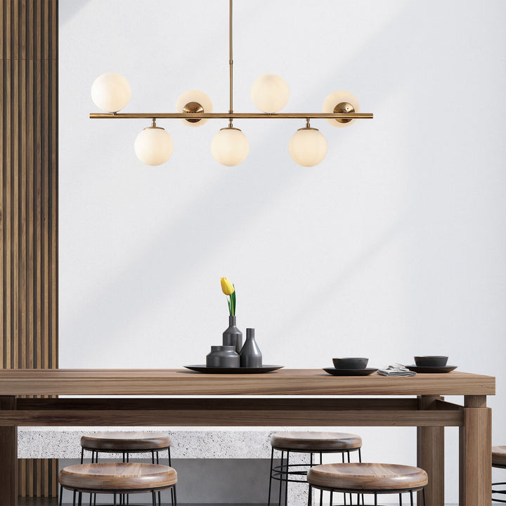 Suspension 7 lampes horizontale ajustable Holla L113cm Verre Blanc et Métal Or