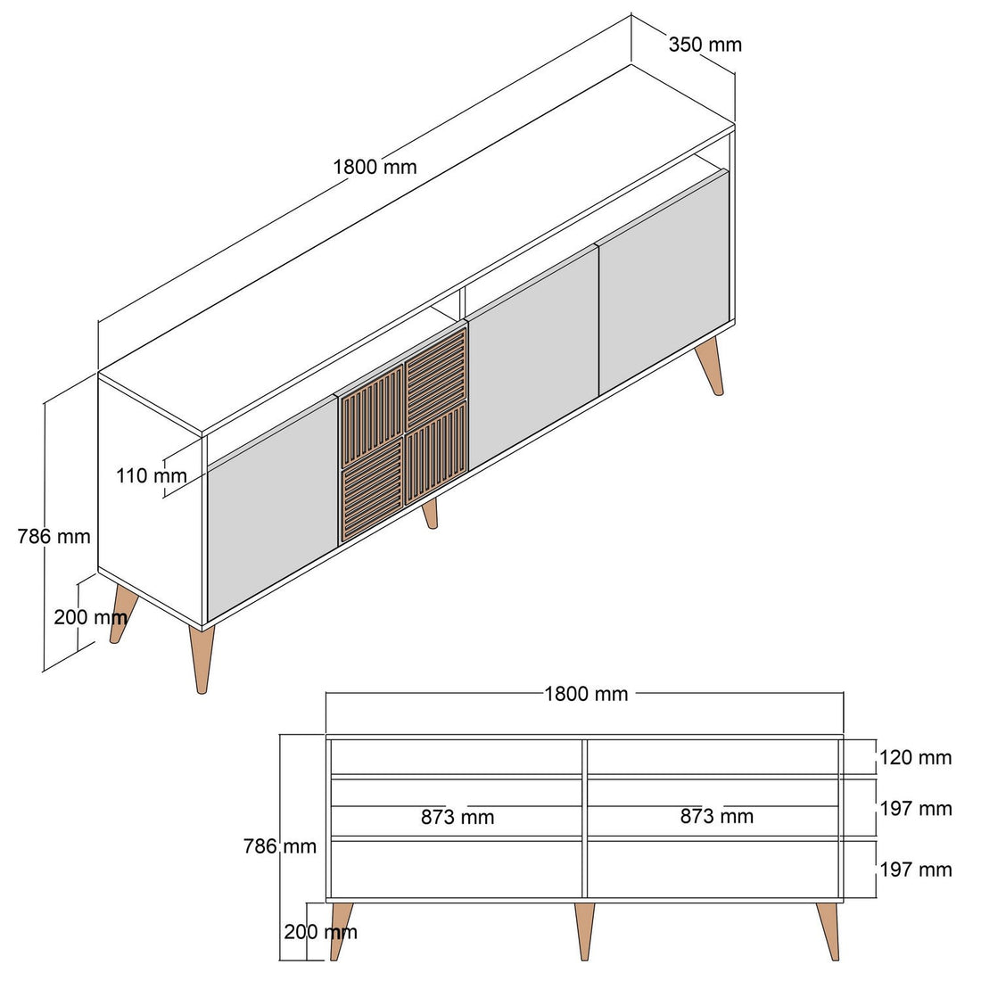 Buffet bas 4 portes et 2 tiroirs Kaltes L160cm Bois et Blanc crème