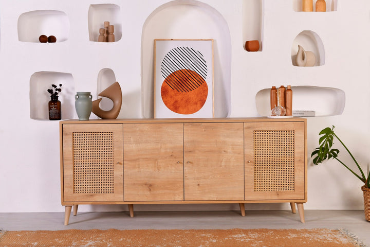 Buffet bas 4 portes avec cannage Lodim L180cm Chêne clair
