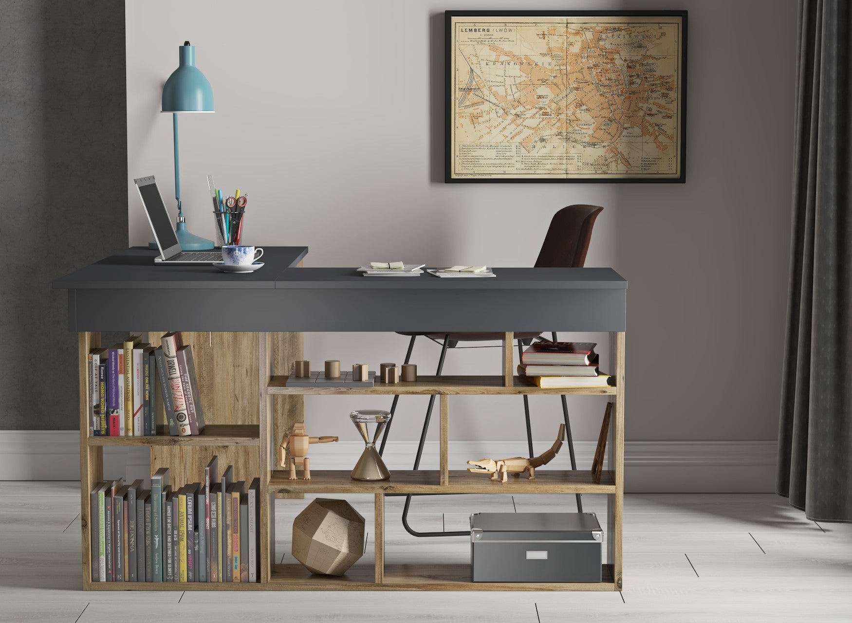 Bureau d'angle avec rangement Koro Bois clair et Anthracite