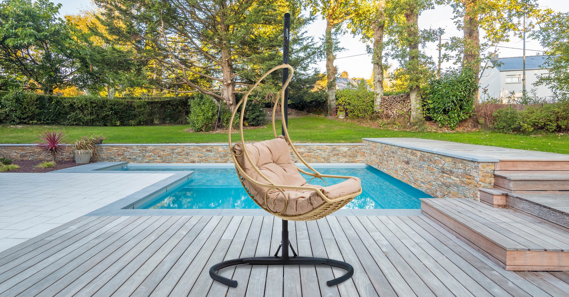 Chaise de balançoire unique de jardin Florya - Beige, Black