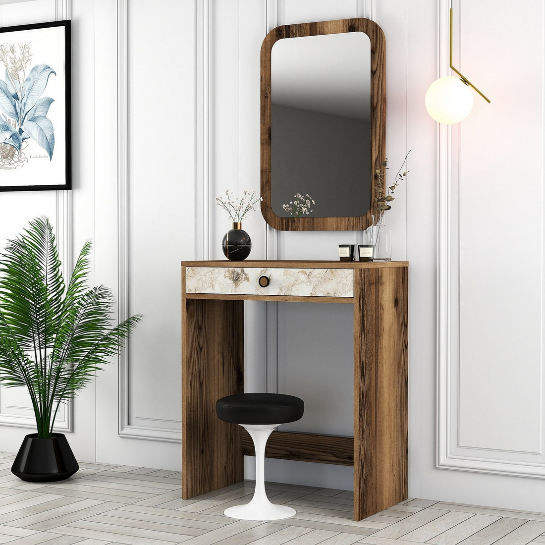 Table de maquillage Lizbon Mirror - Walnut, White, Marble