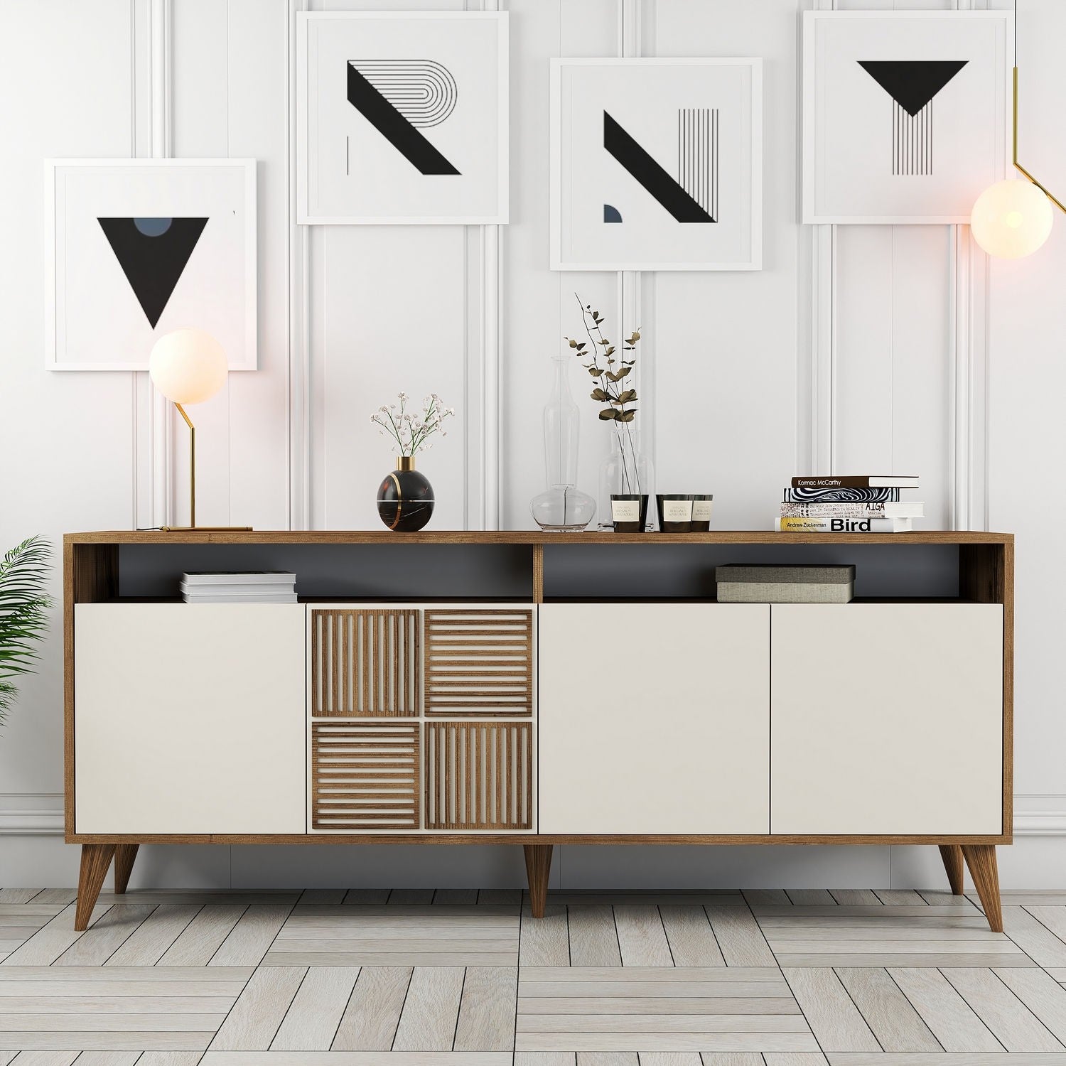 Buffet bas 4 portes et 2 tiroirs Kaltes L160cm Bois et Blanc crème