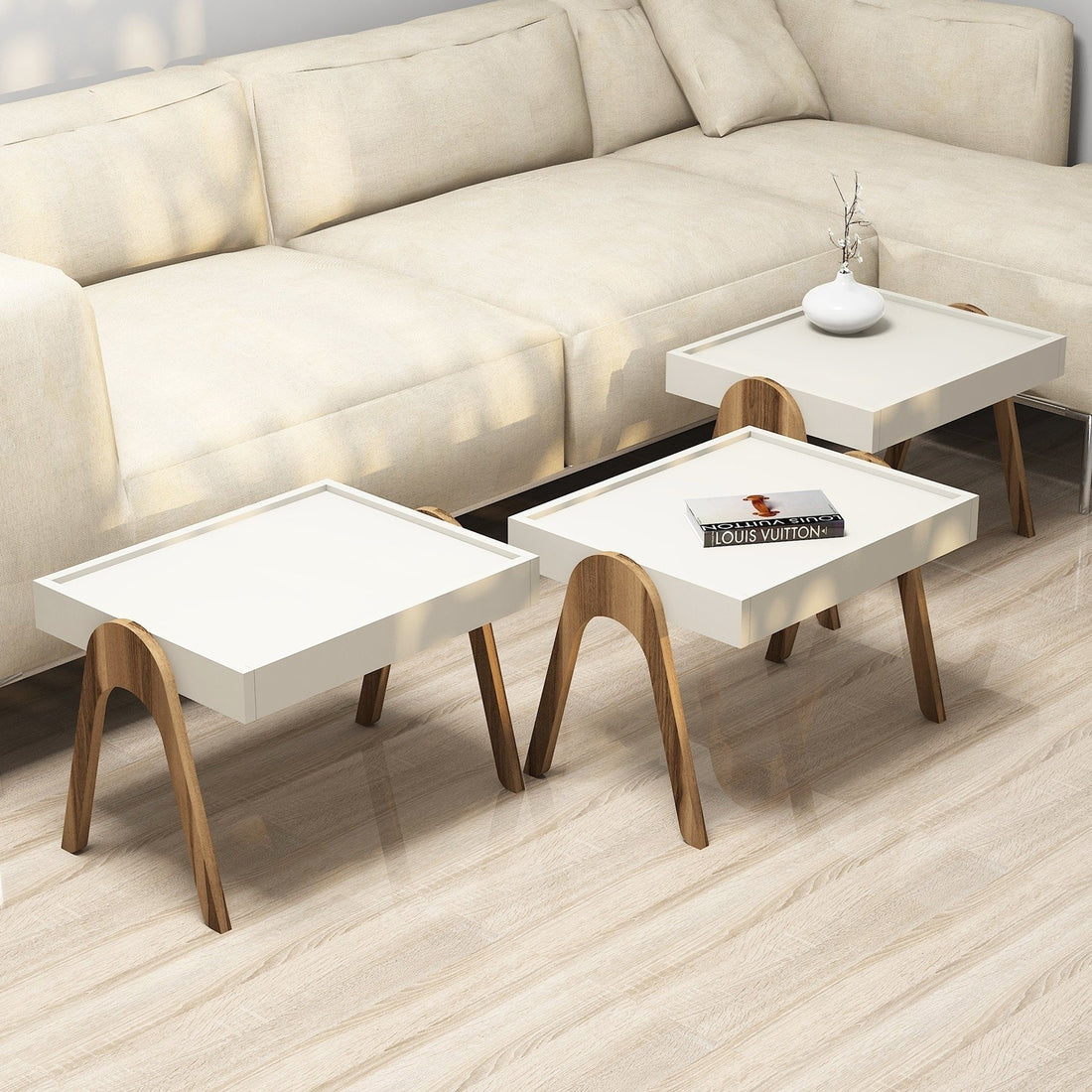 Table gigogne (3 pièces) Roma - Walnut, Cream