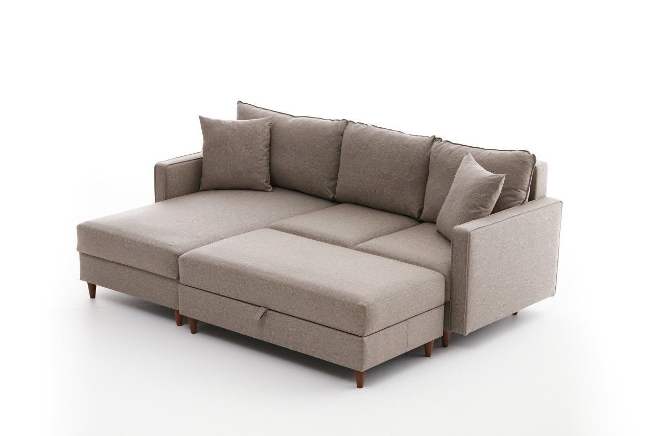 Canapé d'angle à gauche convertible avec pouf-coffre Evania Tissu Taupe