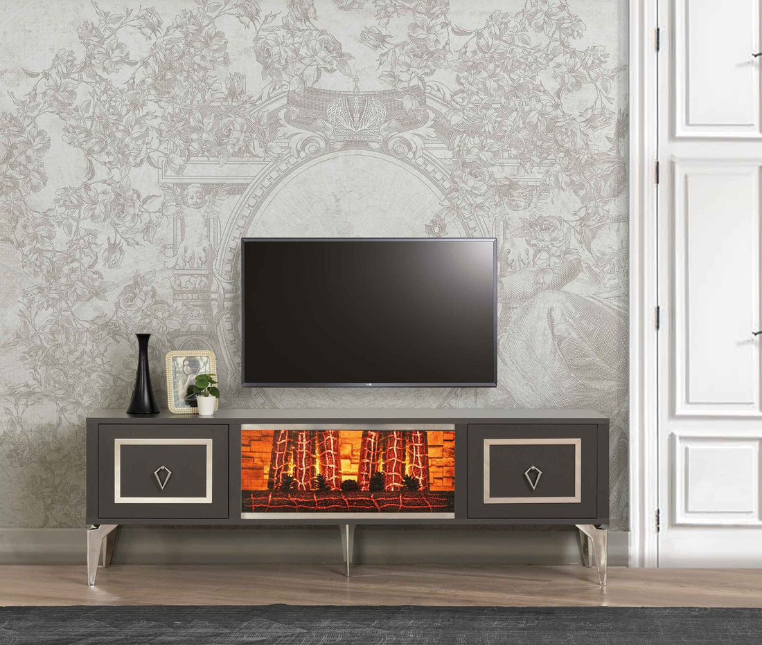 Milano Meuble TV Avec Cheminée Anthracite Chromé