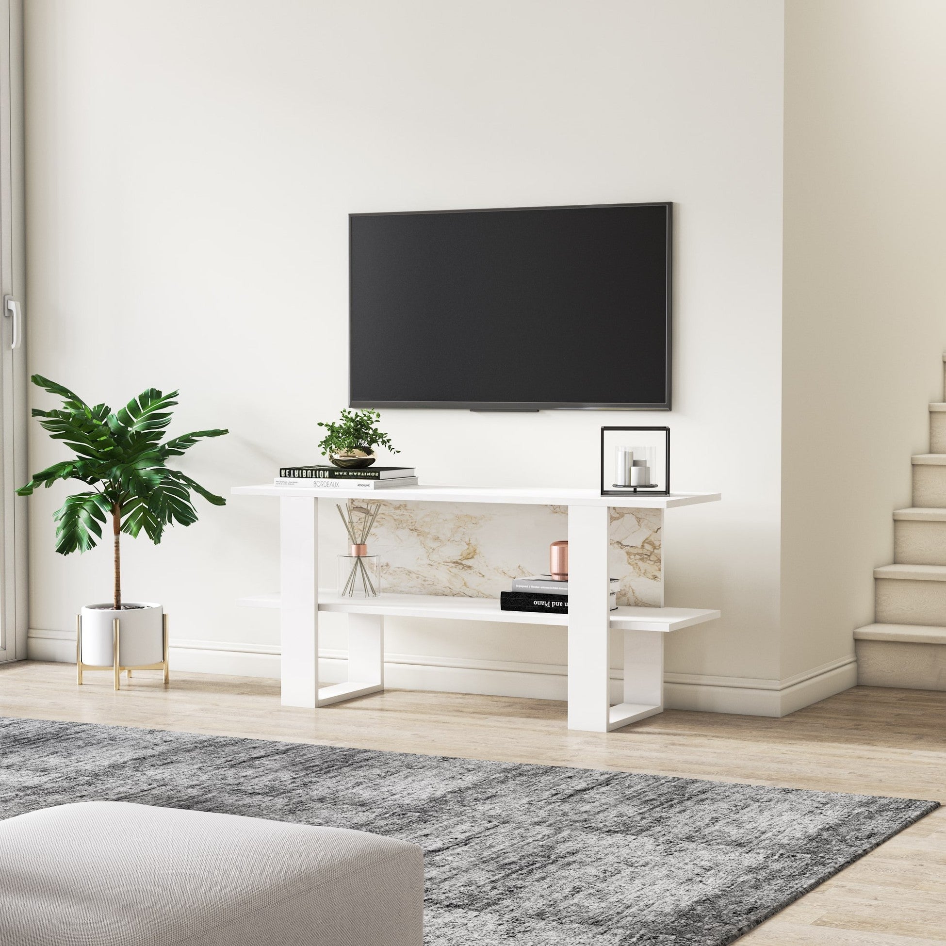 Meuble TV moderne 120cm Bois Blanc en marble design Cornellia