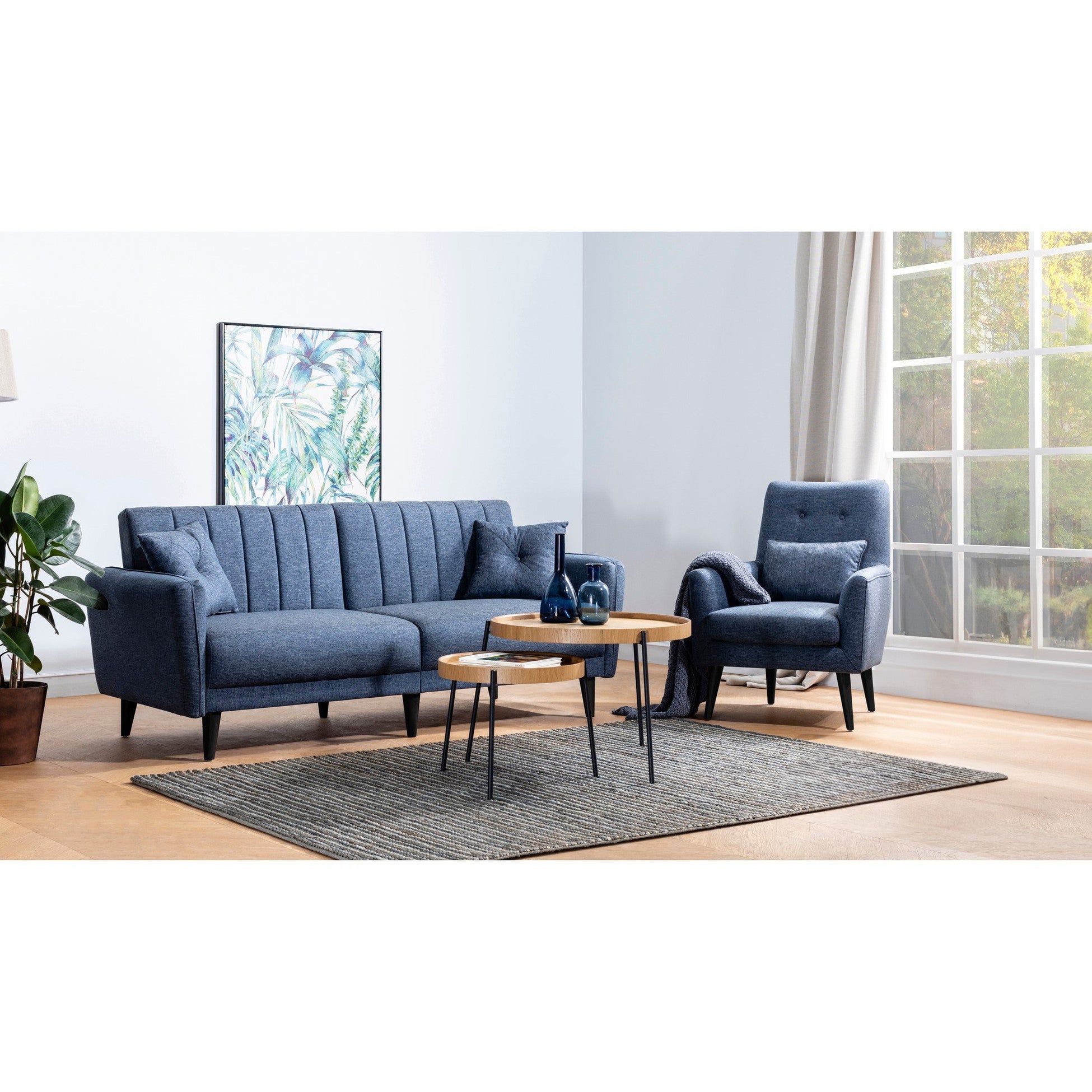 Ensemble canapé convertible 2 places et fauteuil Ikaria Tissu Bleu v2