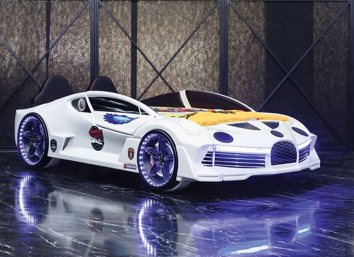 LIT VOITURE DE SPORT AVEC PORTES ET TÊTE DE LIT 90X190CM - Moon AERO Pre