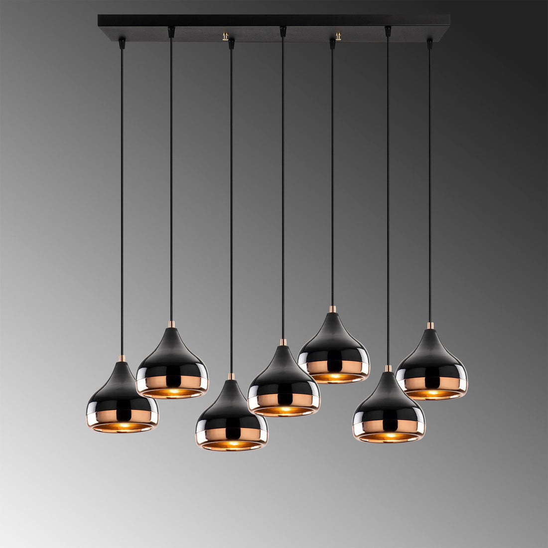 Suspension 7 lampes alignées Lectio 88cm Métal Noir et Or rose
