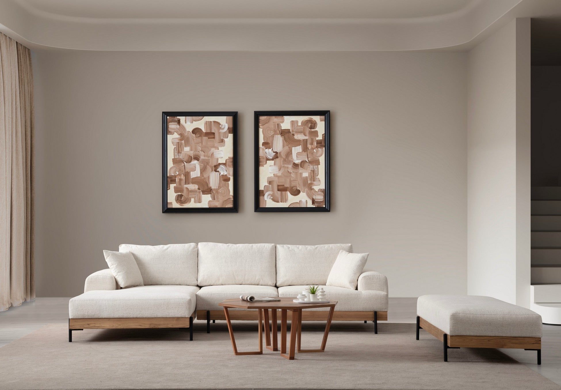 Canapé d'angle à gauche kamily Bois clair et Tissu bouclette Blanc