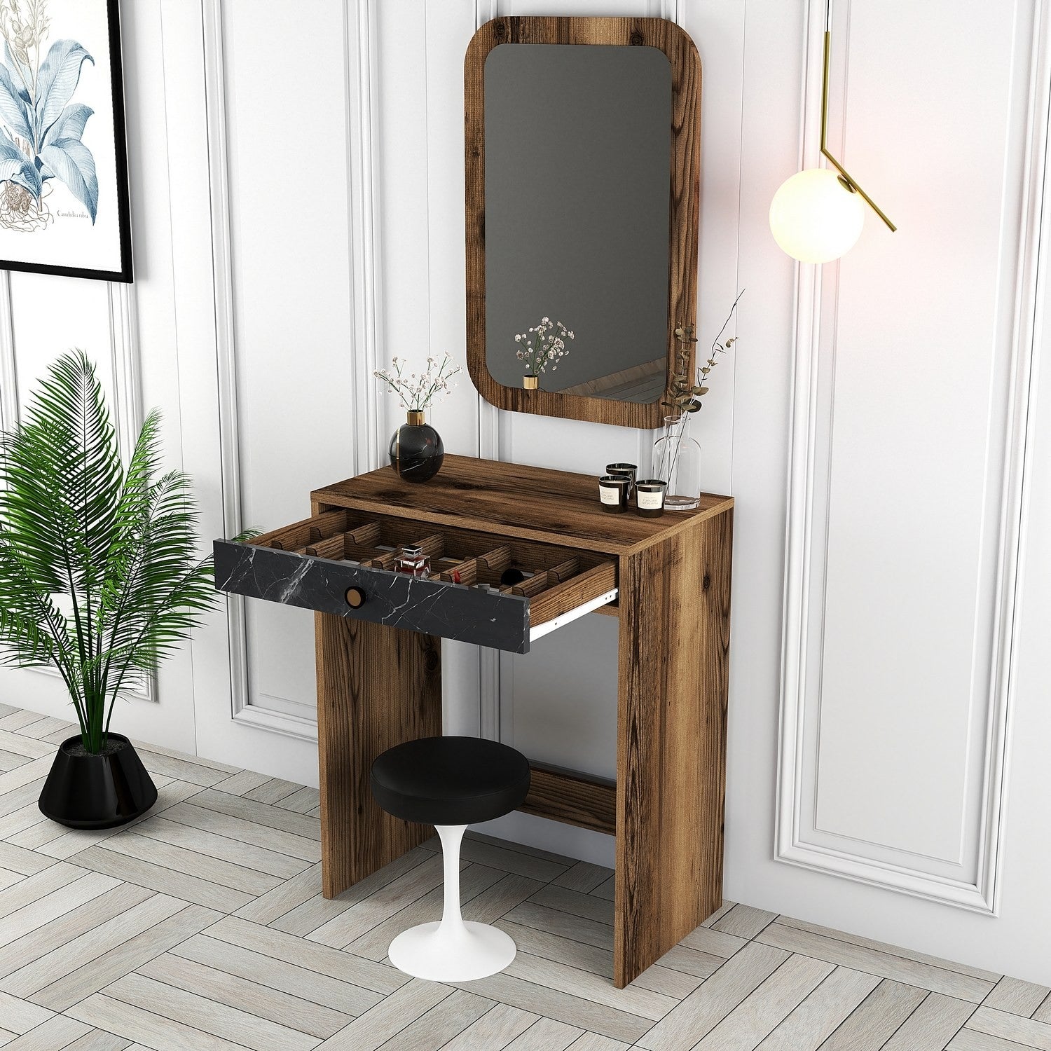 Table de maquillage Lizbon Mirror - Walnut, Black, Marble