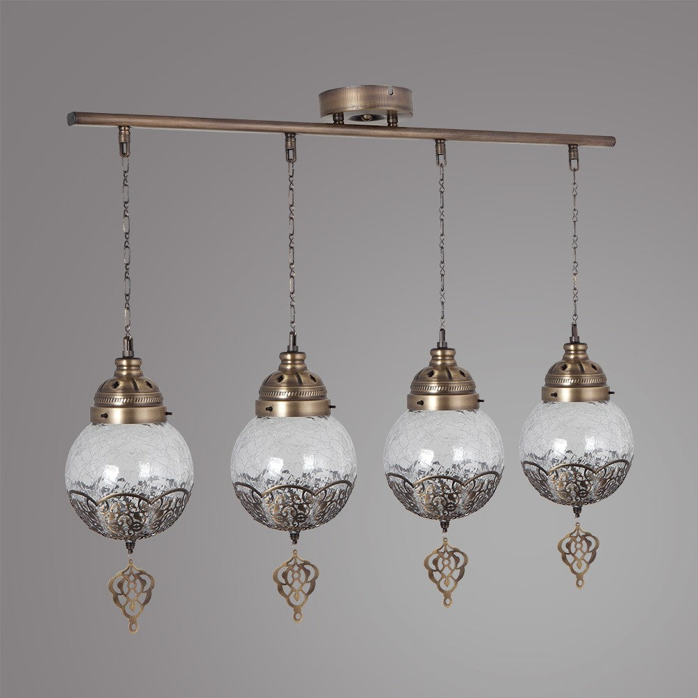 Lustre Neptune, rangée de 4 lampes suspendues avec verre craquelé antique