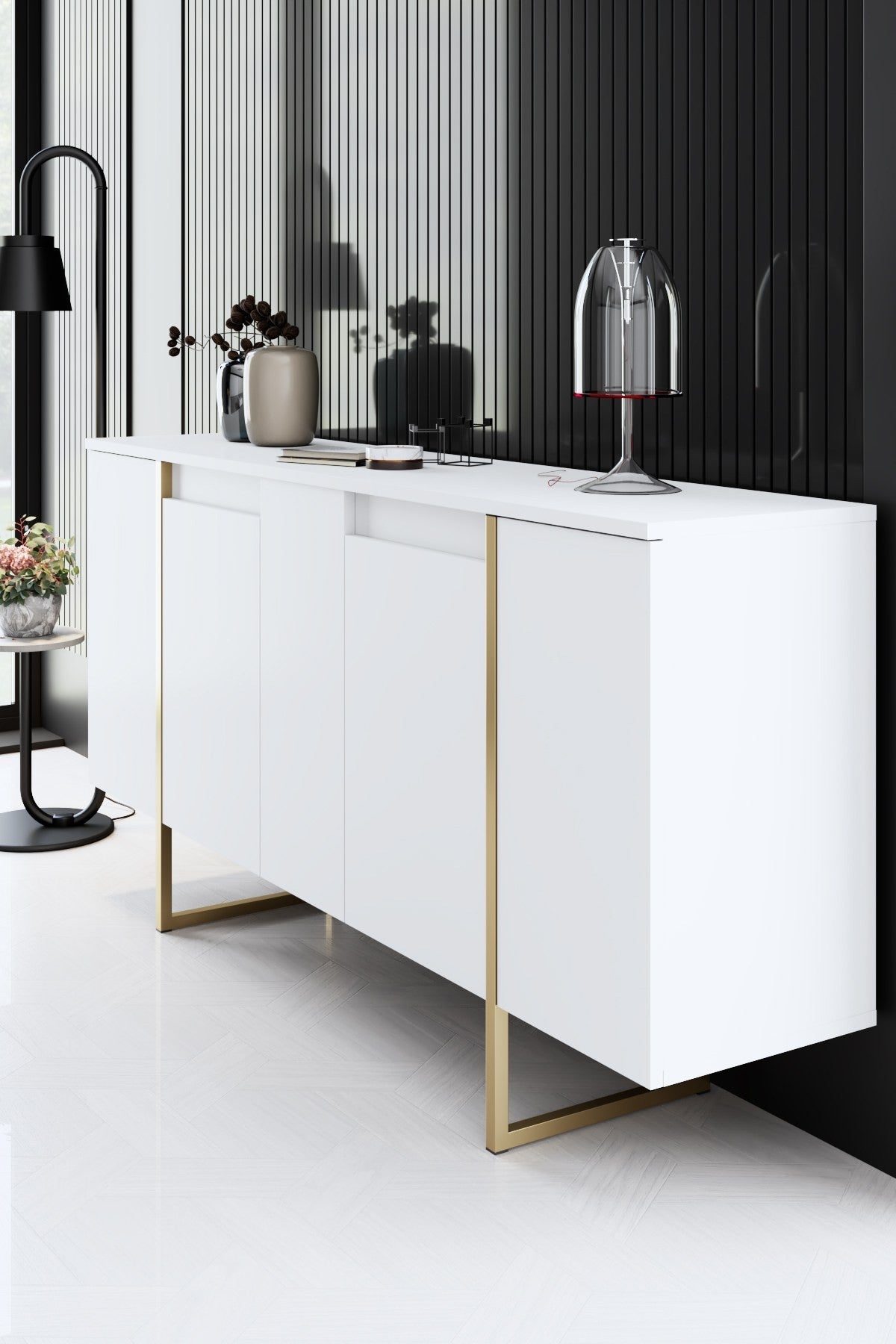 Buffet bas Sibylle L160cm Métal Or et Bois Blanc