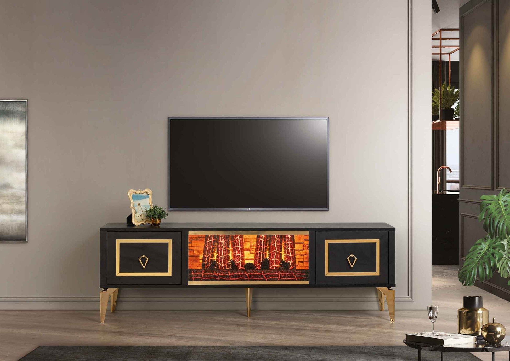 Milano Meuble TV Avec Cheminée Noir Doré