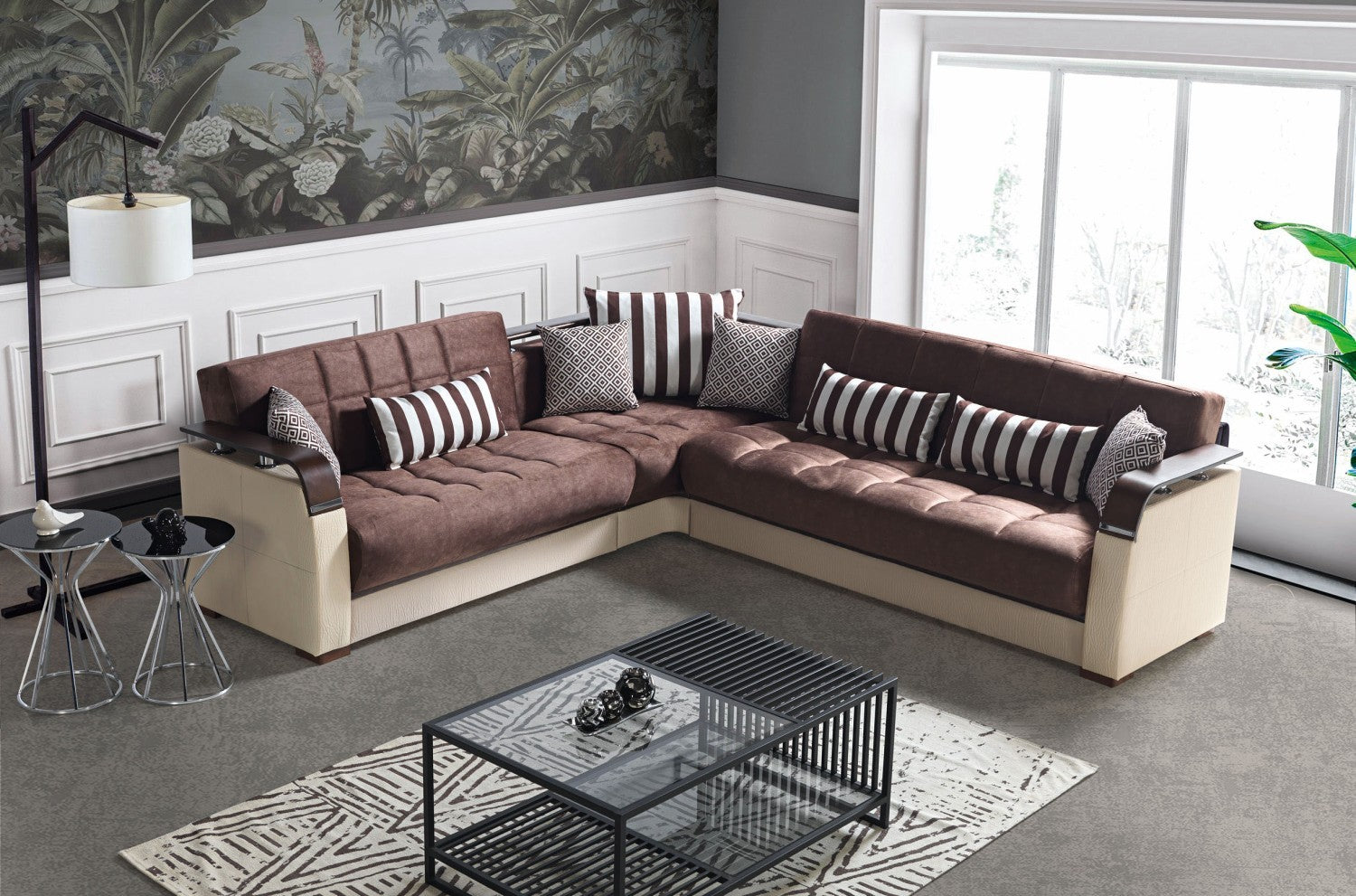 Mina canapé d’angle lit clic-clac avec coffre de rangement marron