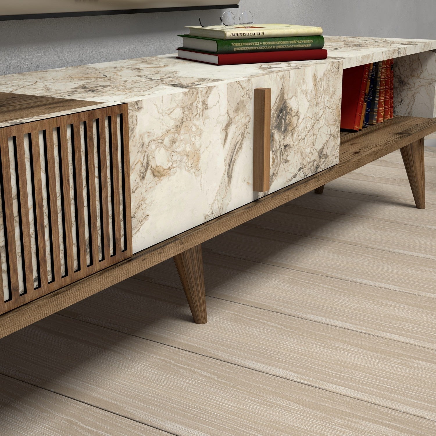 Meuble TV Milan - Walnut, White Marble