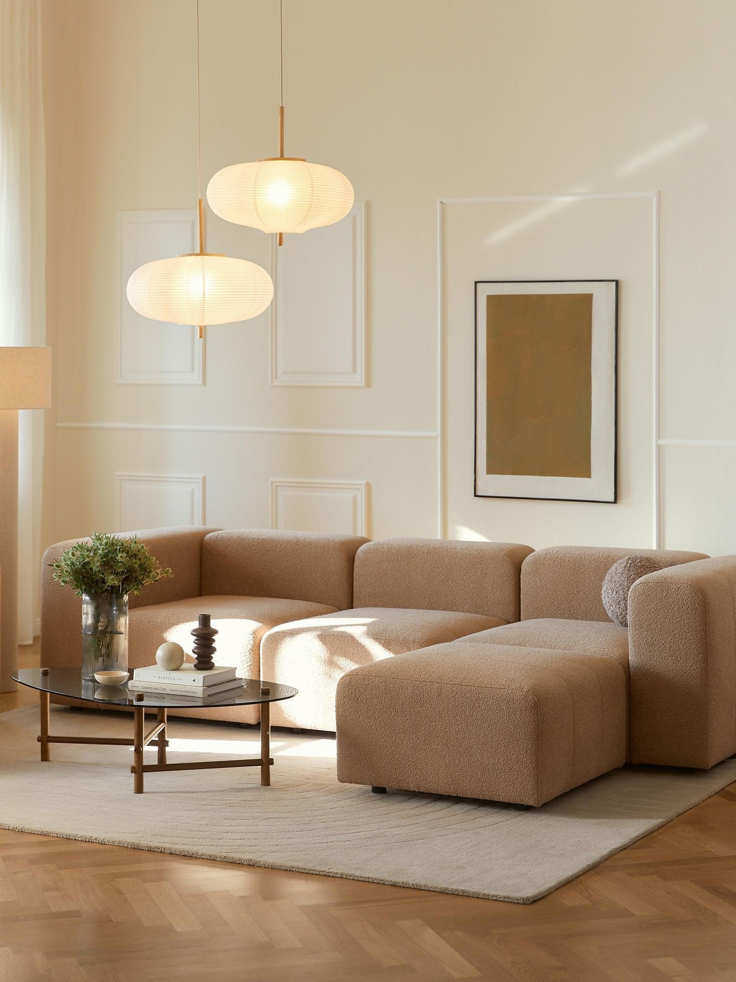 Canapé modulable 4 places en tissu bouclé avec pouf Pietro