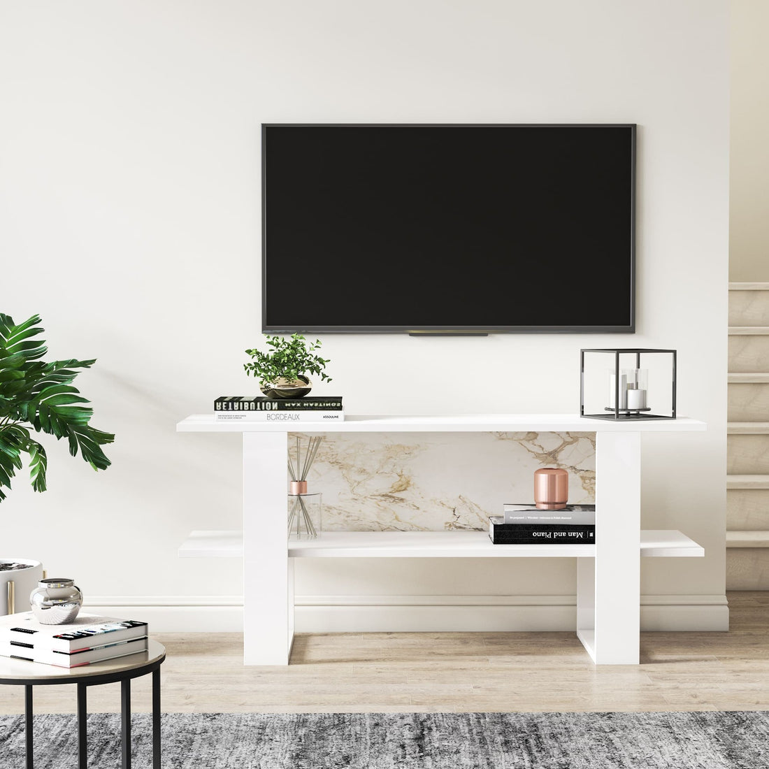 Meuble TV moderne 120cm Bois Blanc en marble design Cornellia