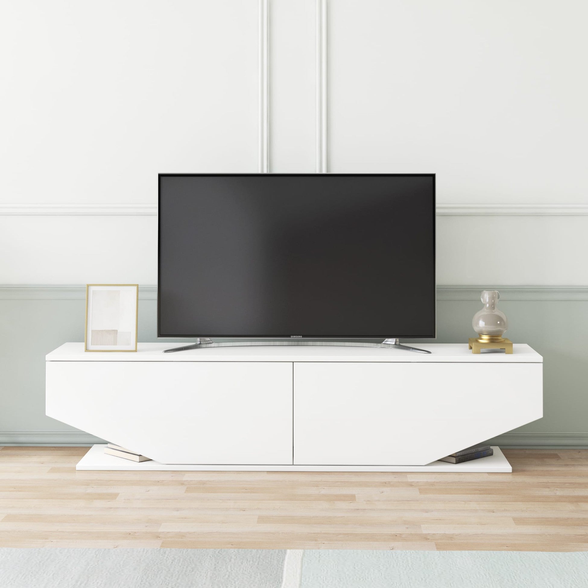 Meuble TV façade trapèze 2 portes Ares 160cm Bois Blanc