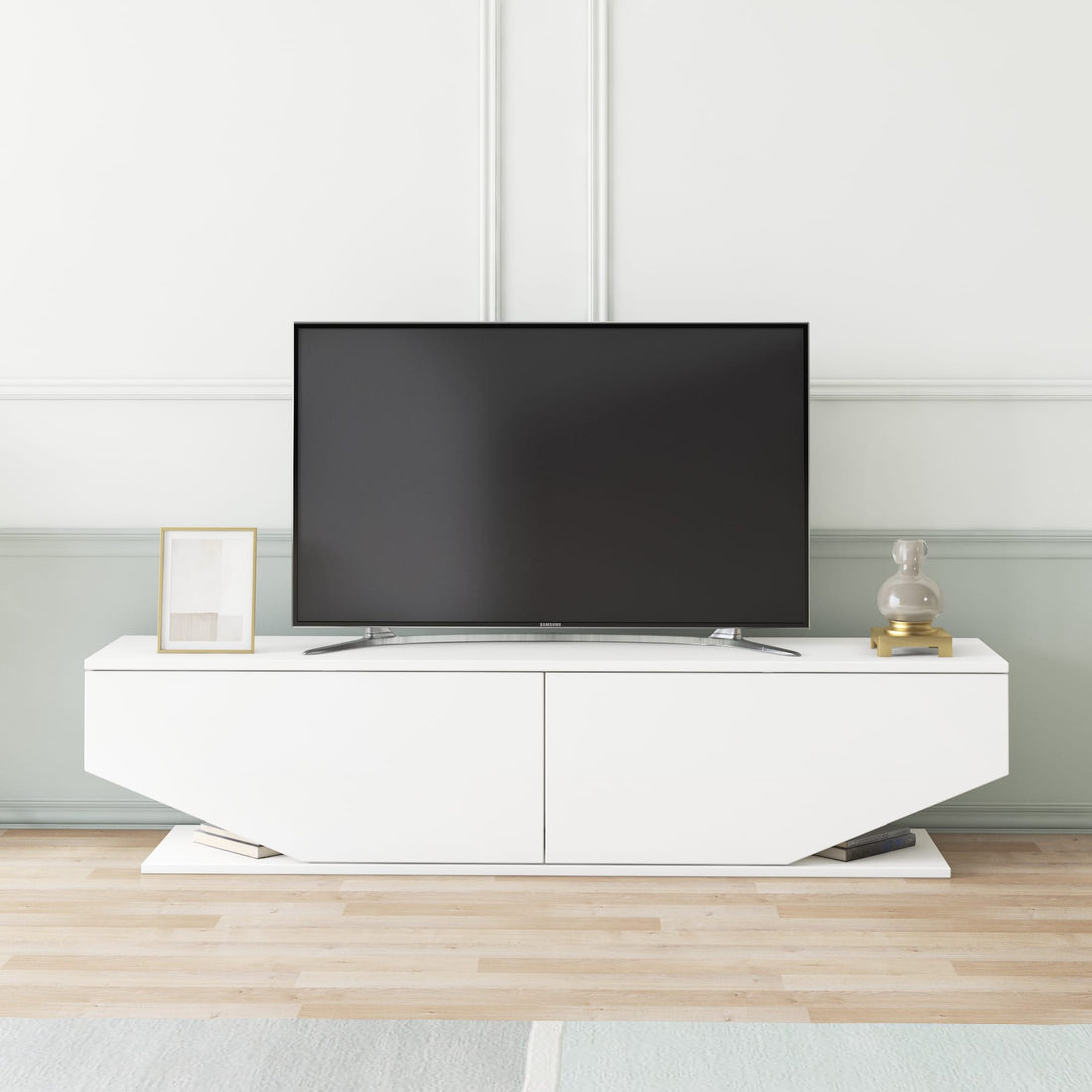 Meuble TV façade trapèze 2 portes Ares 160cm Bois Blanc