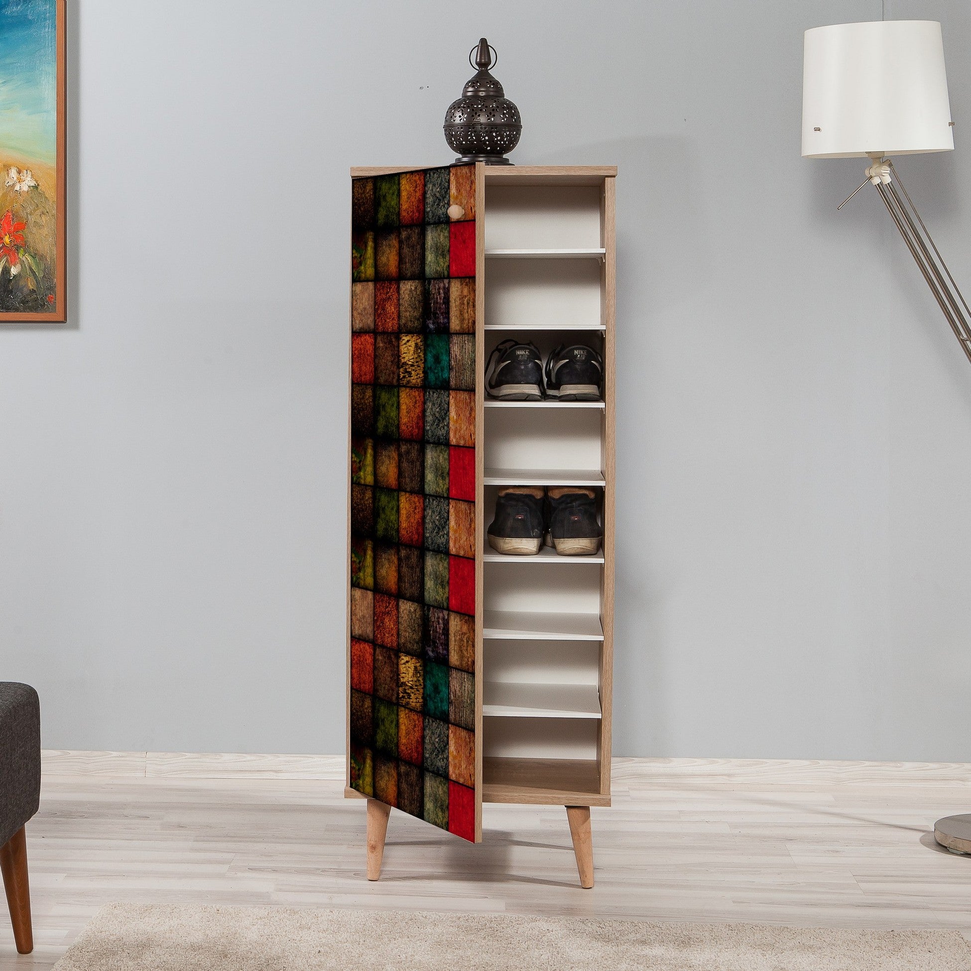 Meuble à chaussure bois clair et multicolore