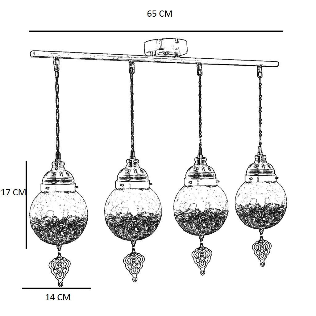 Lustre Neptune, rangée de 4 lampes suspendues avec verre craquelé antique