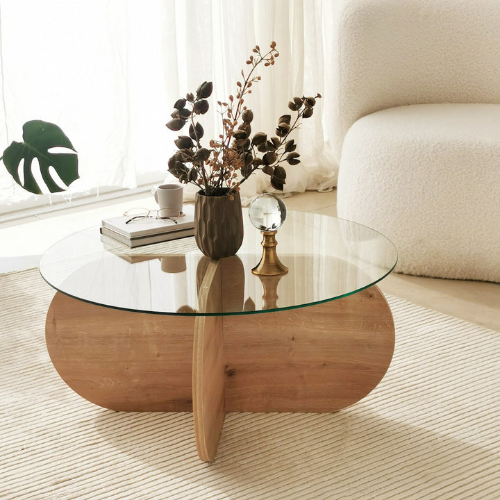 Table basse design sunac d90cm verre transparent et chêne clair