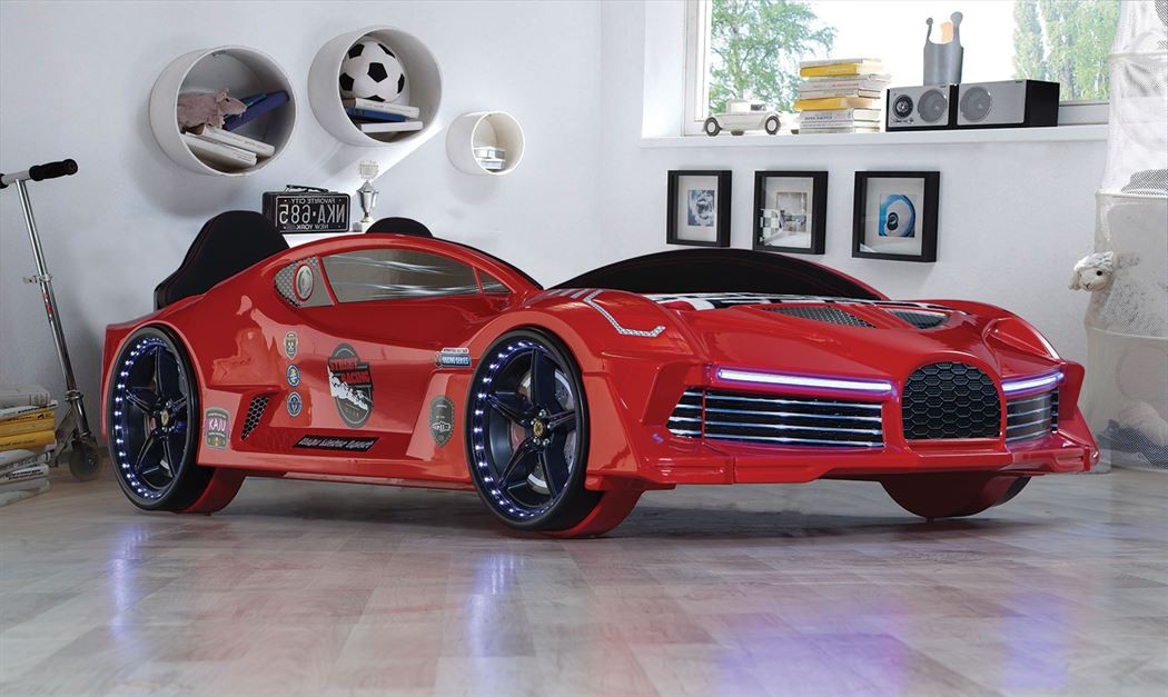 LIT ENFANT VOITURE ROUGE OU BLANCHE EFFETS SONORES ET LED - MoonFull